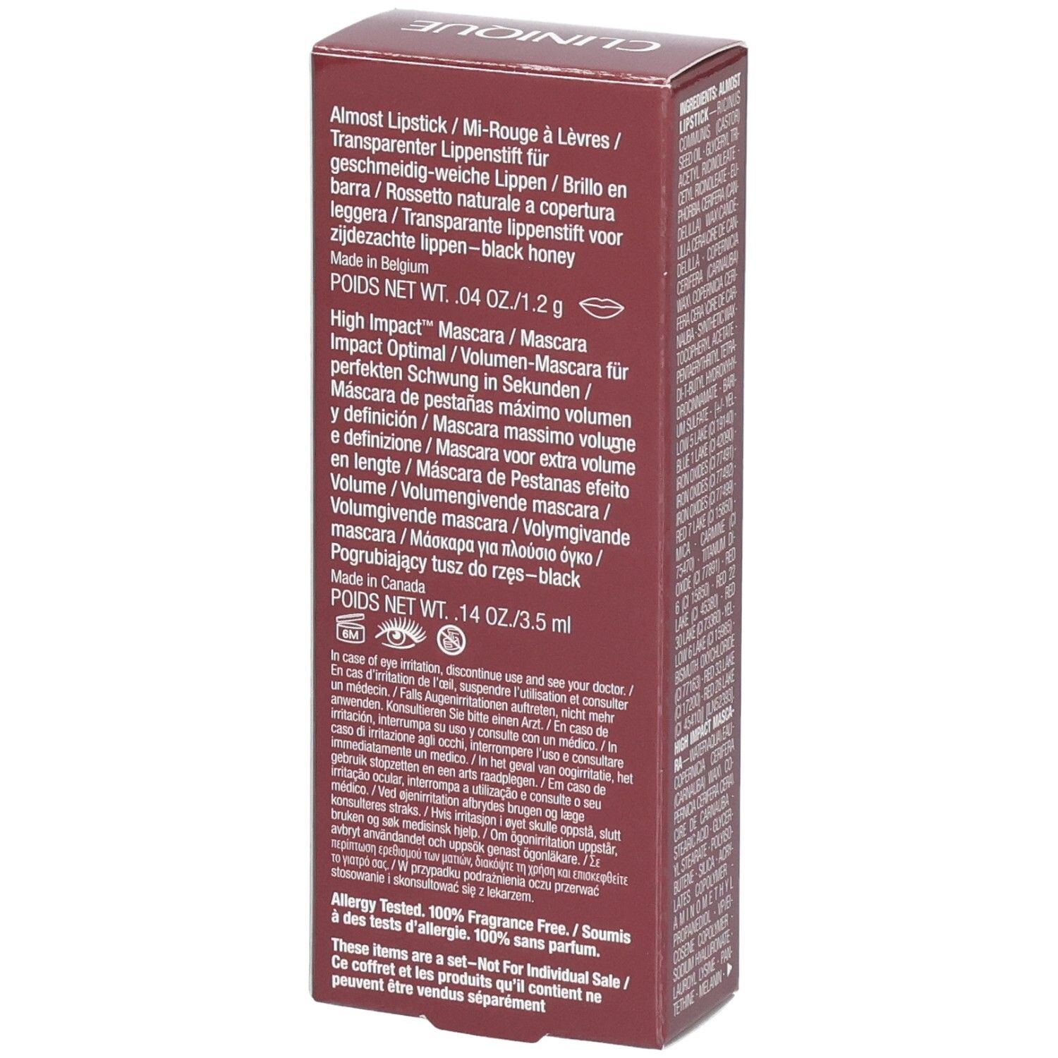 Clinique Lash + Lip Duo: Seitenansicht der Verpackung mit Produktinformationen und Inhaltsstoffen.