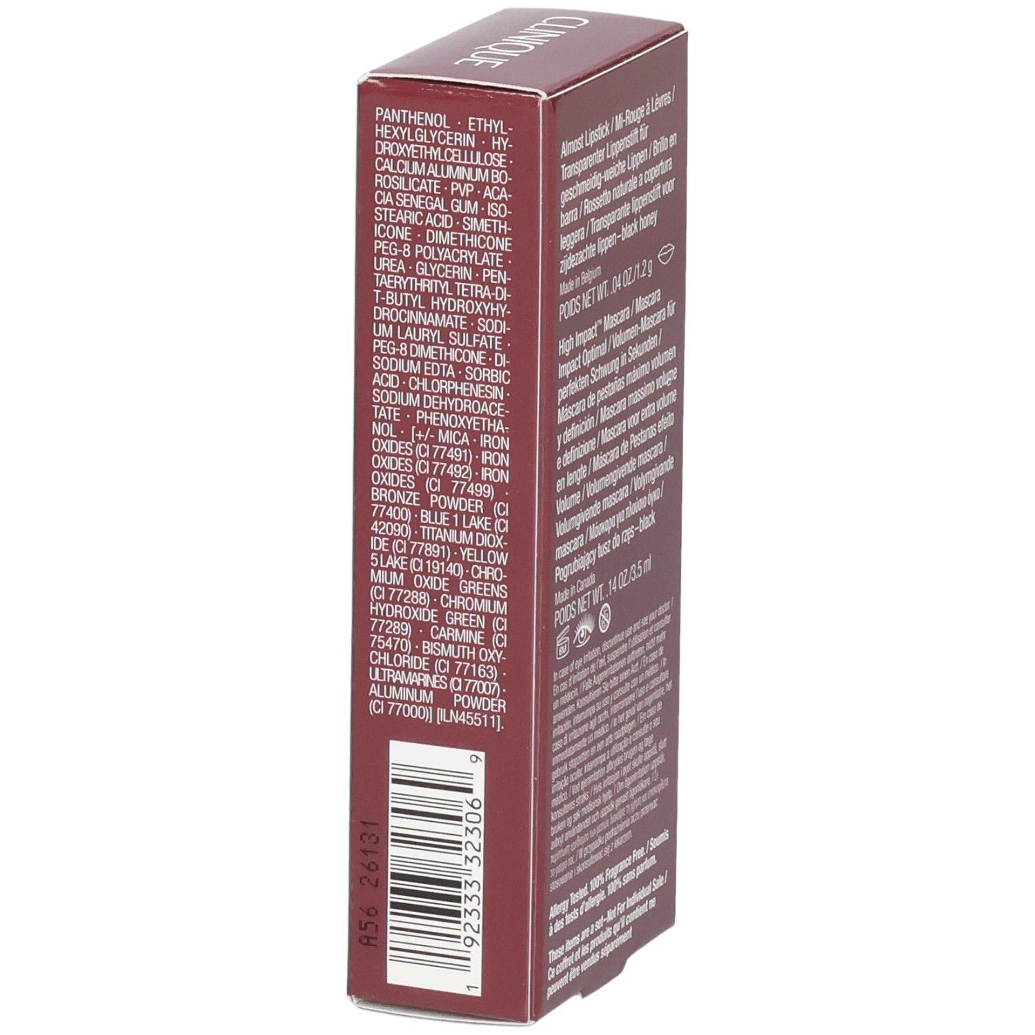 Clinique Lash + Lip Duo: Seitenansicht der Verpackung mit Inhaltsstoffen und Barcode.