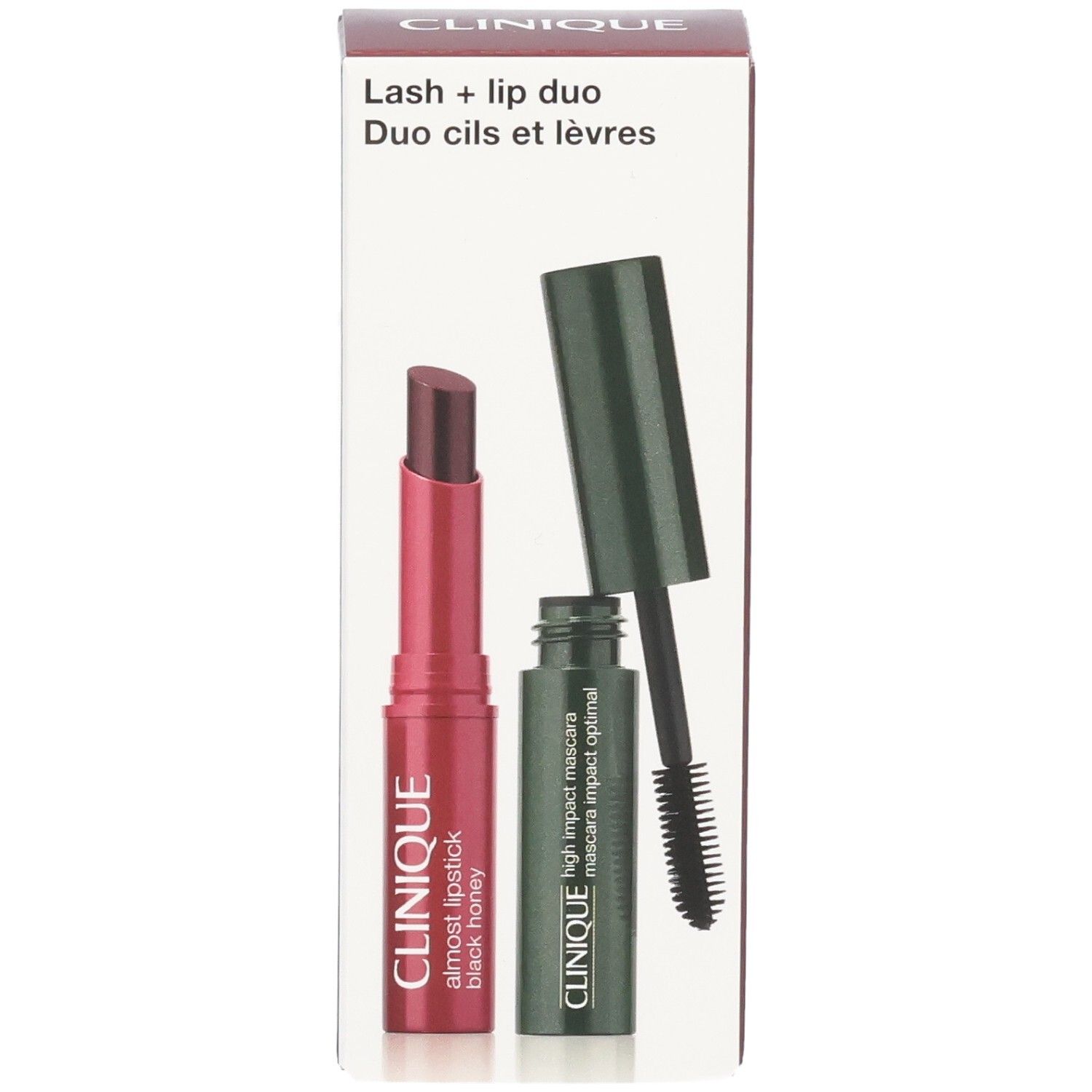 Clinique Lash + Lip Duo: Roter Lippenstift und schwarze Mascara, separat dargestellt.