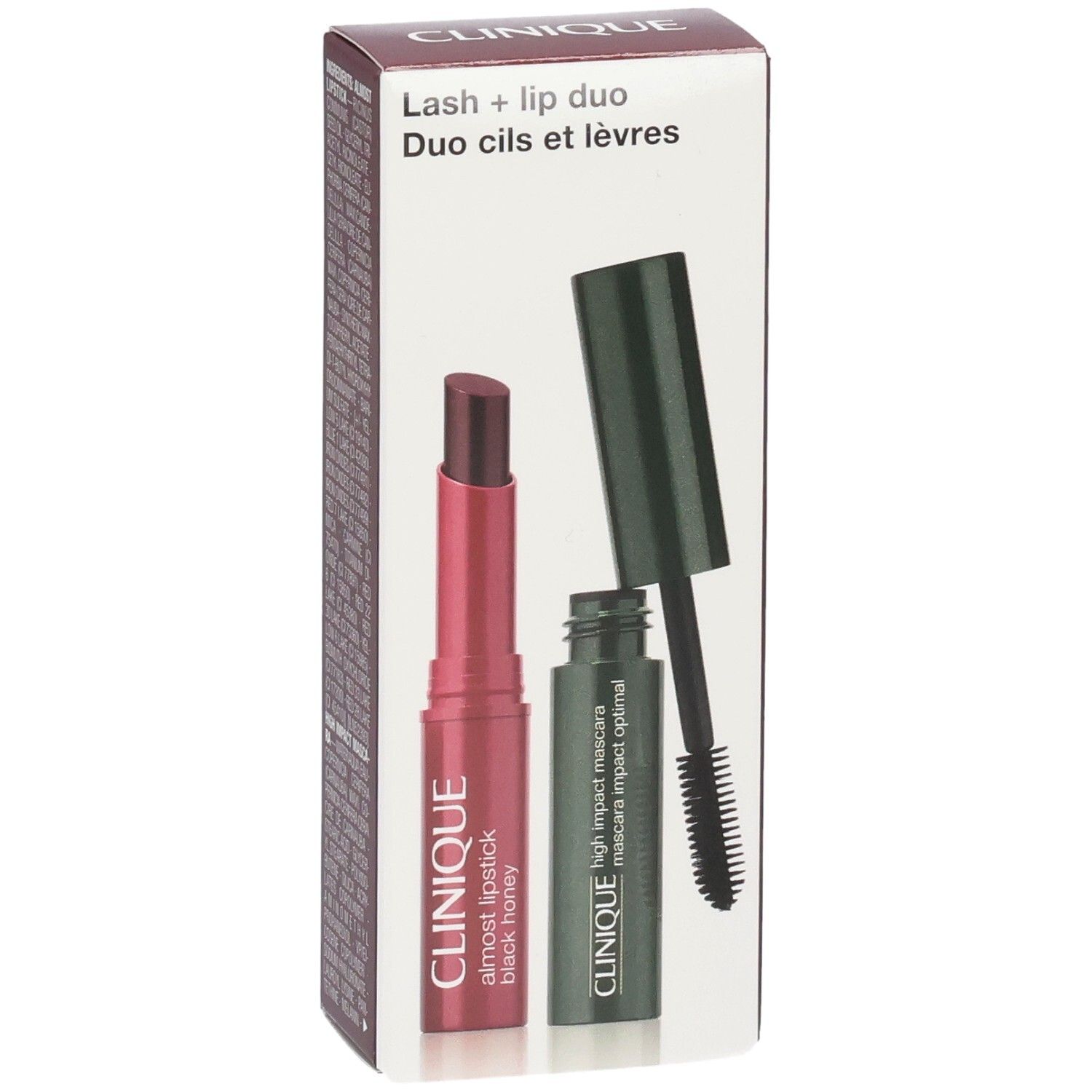 Clinique Lash + Lip Duo: Roter Lippenstift und schwarze Mascara, separat dargestellt.