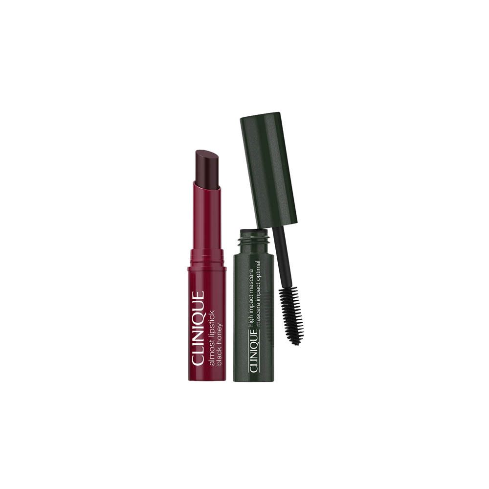 Clinique Lippenstift und Mascara-Set in dunklen Farbtönen.