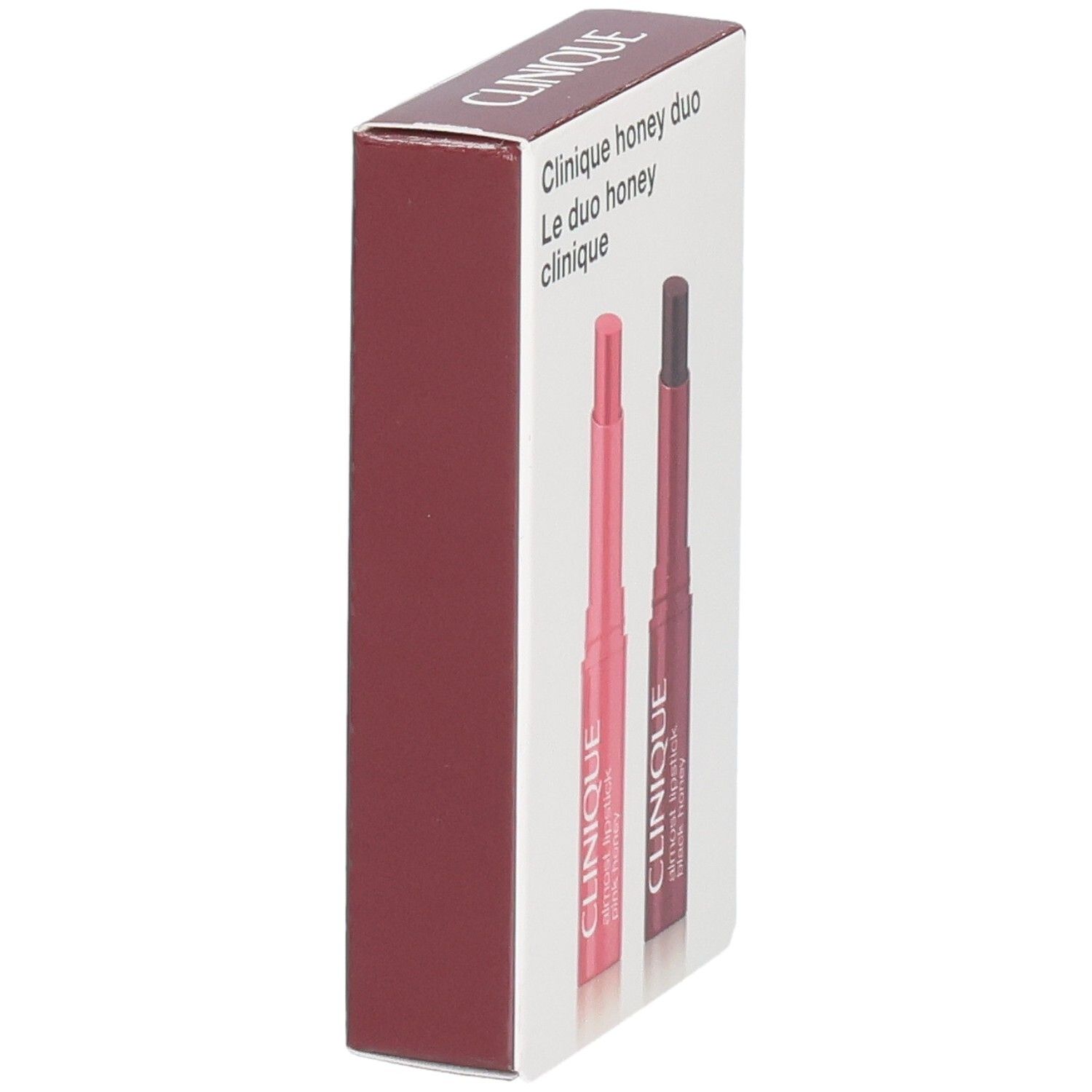 Clinique Honey Duo Lippenstift-Set, Seitenansicht mit zwei Lippenstiften.