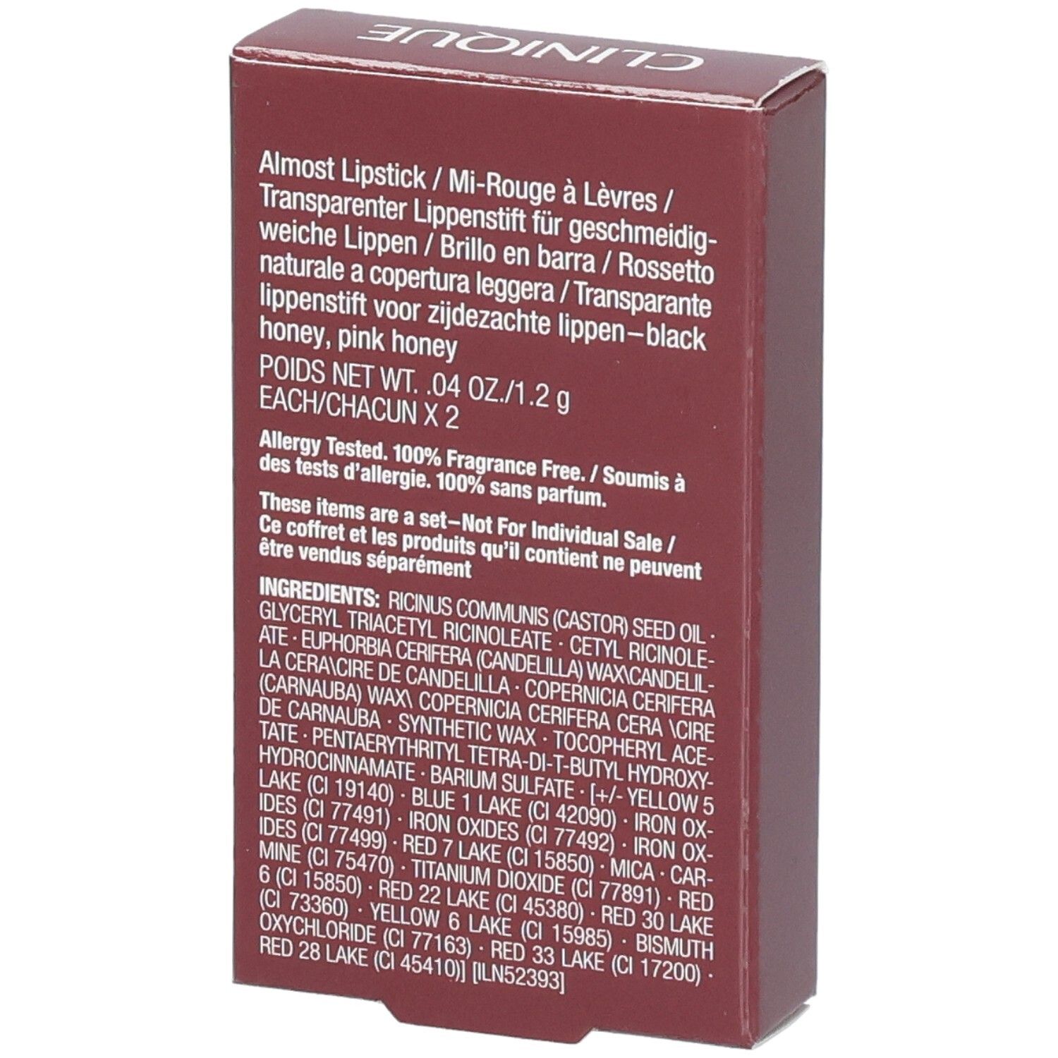 Rückseite der Clinique Honey Duo Verpackung mit Inhaltsstoffen und Produktinformationen.