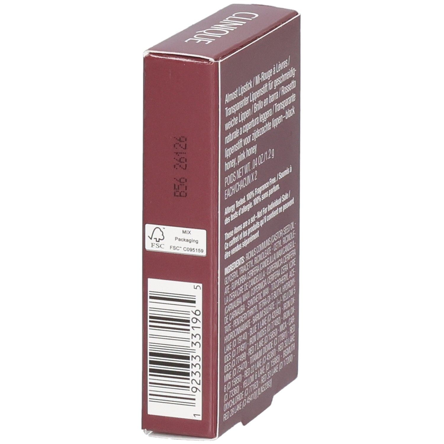 Seite der Clinique Honey Duo Verpackung mit Barcode und FSC-Zertifizierung.