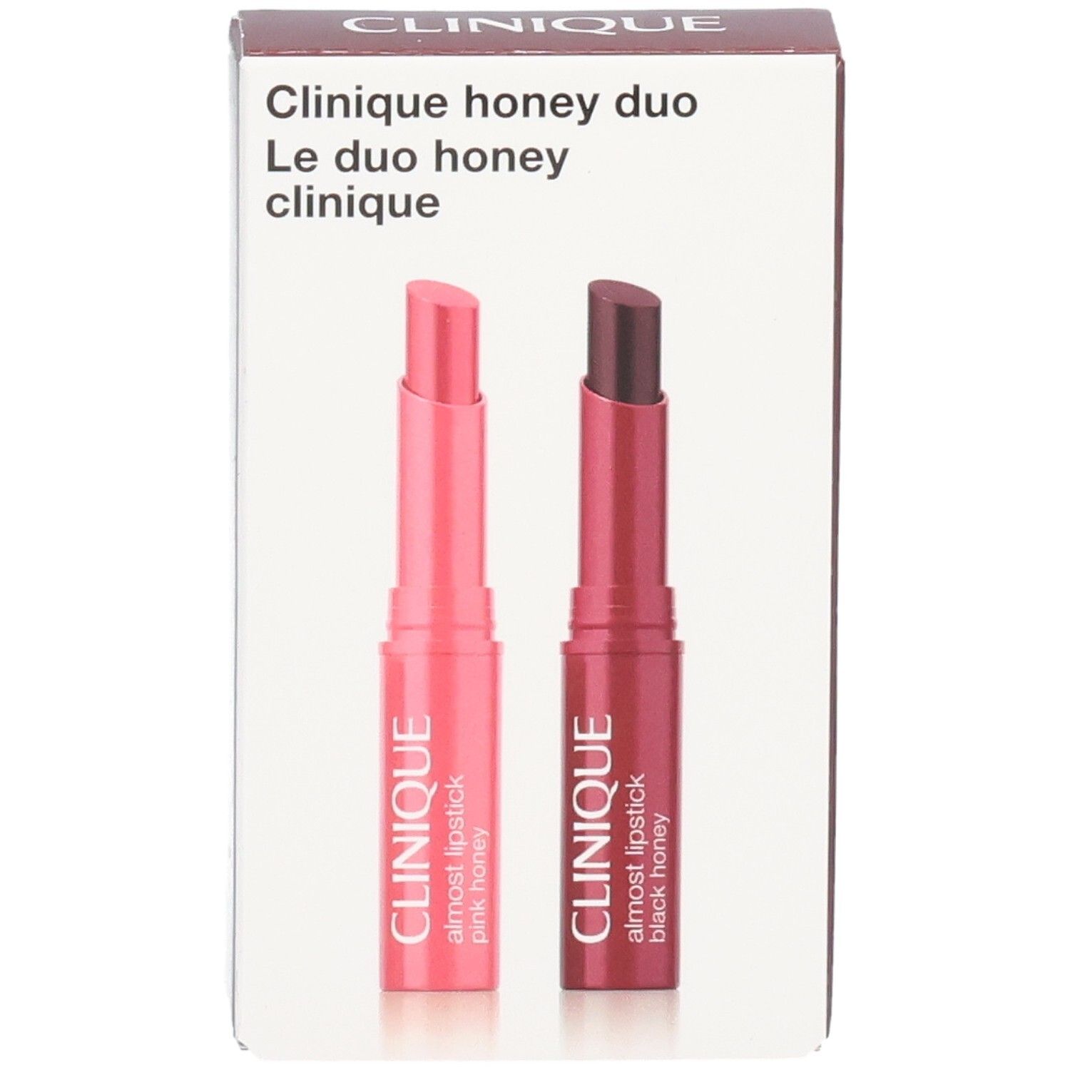Clinique Honey Duo Lippenstift-Set mit zwei Lippenstiften in Pink und Dunkelrot.