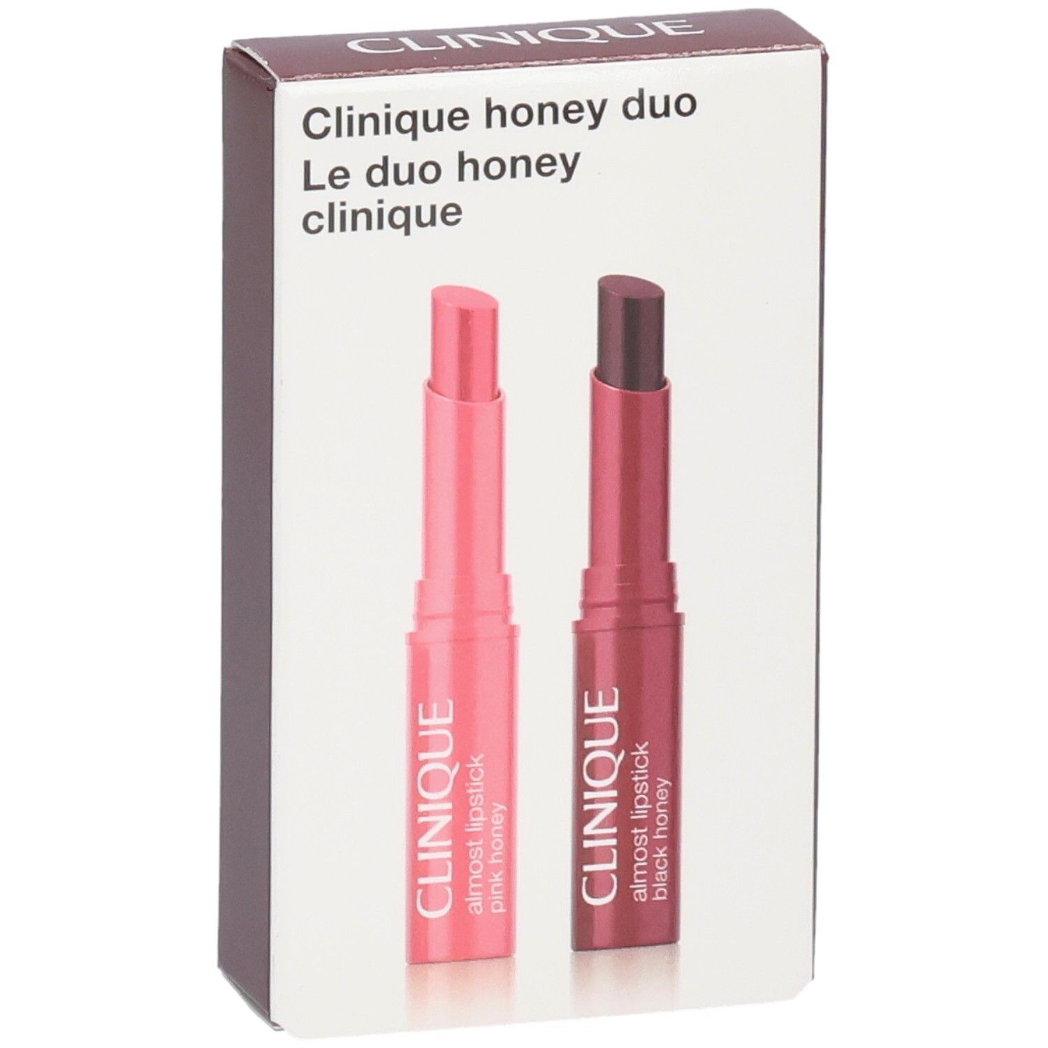 Clinique Honey Duo Lippenstift-Set, Seitenansicht mit zwei Lippenstiften.