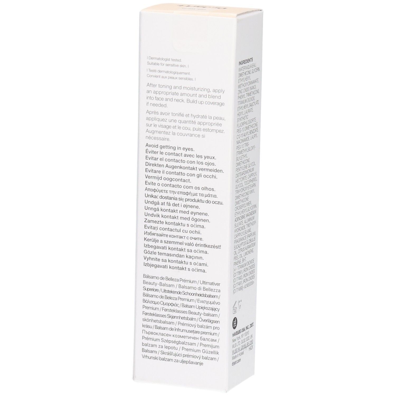 Dr.Jart+ BB Cream Kartonverpackung, Seite mit Anwendungshinweisen in mehreren Sprachen.