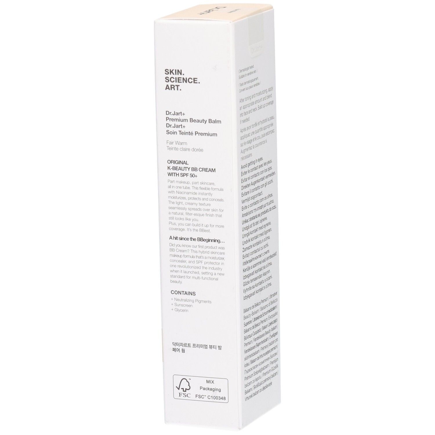 Dr.Jart+ BB Cream Kartonverpackung, Seite mit Produktbeschreibung und Inhaltsstoffen.