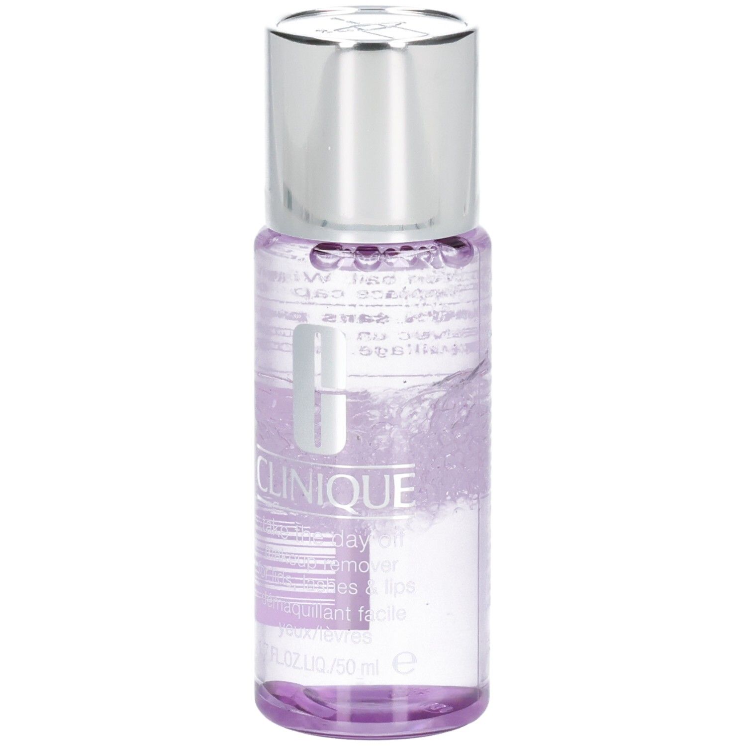 Transparente Flasche mit silbernem Deckel. Aufschrift CLINIQUE und Take the Day Off. Für Augen und Lippen.