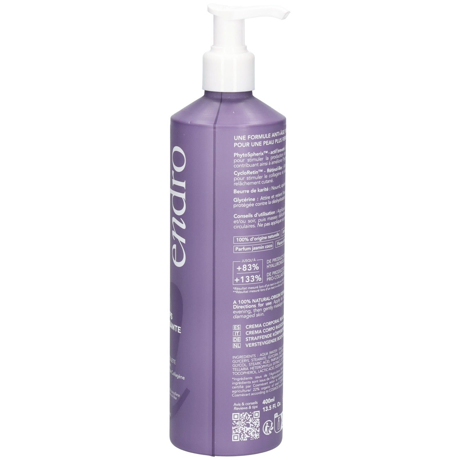 Seite einer lila Pumpflasche mit Endro Anti-Aging Körpercreme. Zeigt Bio-Siegel und Text zu Inhaltsstoffen.