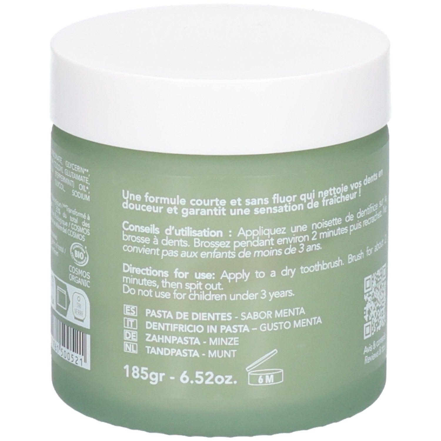 Grüner Tiegel mit Zahnpasta, 185g. Enthält COSMOS ORGANIC Zertifizierung.