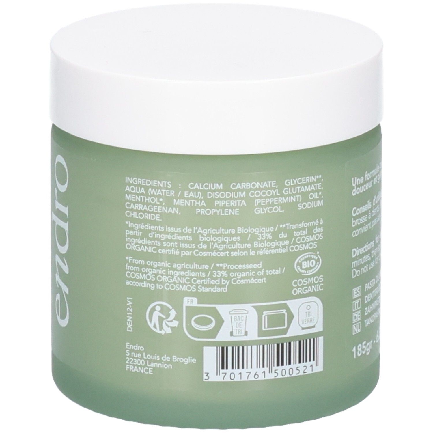 Grüner Tiegel mit weißem Deckel, 185g. Enthält Inhaltsstoffe wie Calciumcarbonat und Pfefferminzöl. BIO COSMOS ORGANIC zertifiziert.