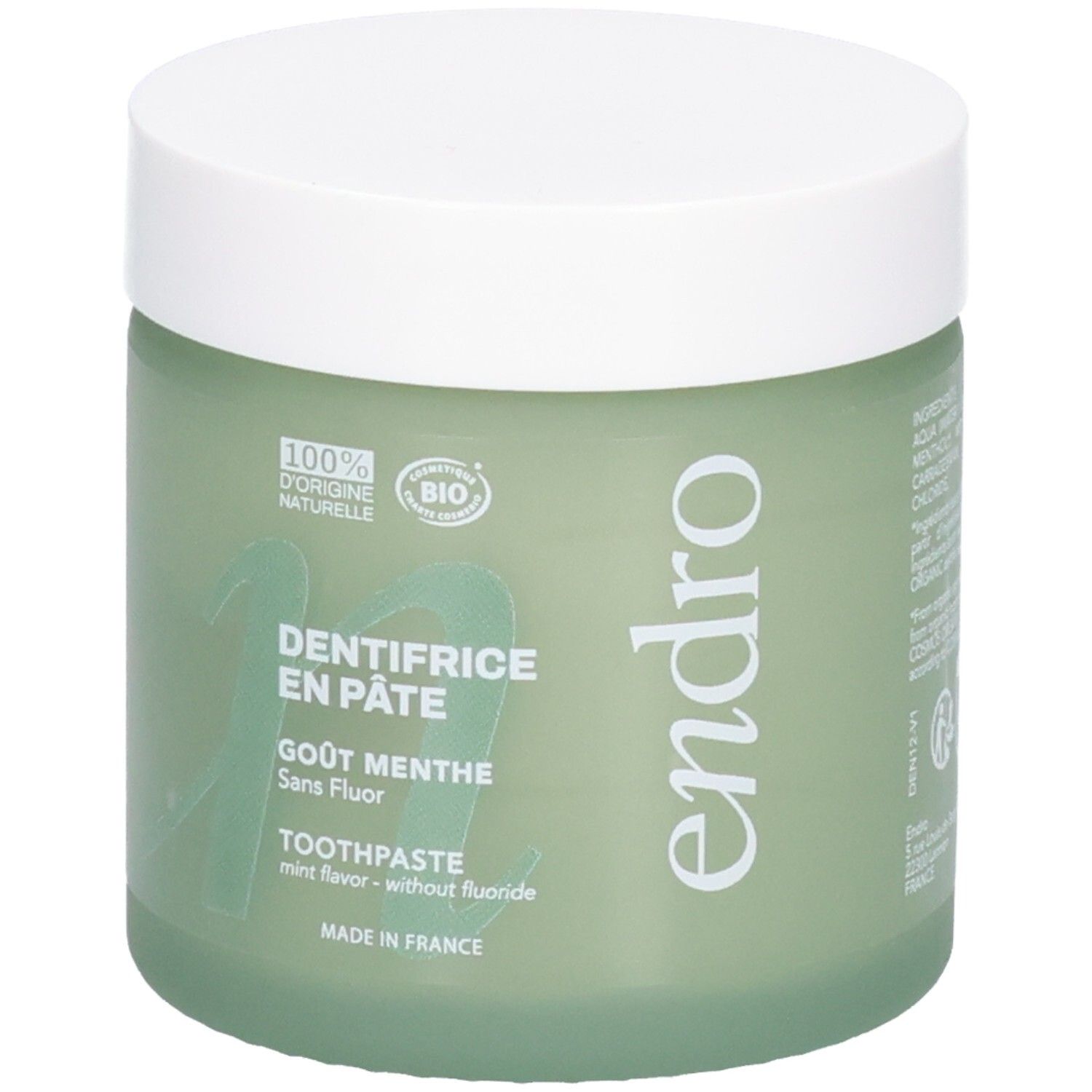 Endro Zahnpasta im Tiegel, Minzgeschmack, ohne Fluorid, 100% natürliche Bio-Zutaten, Made in France.