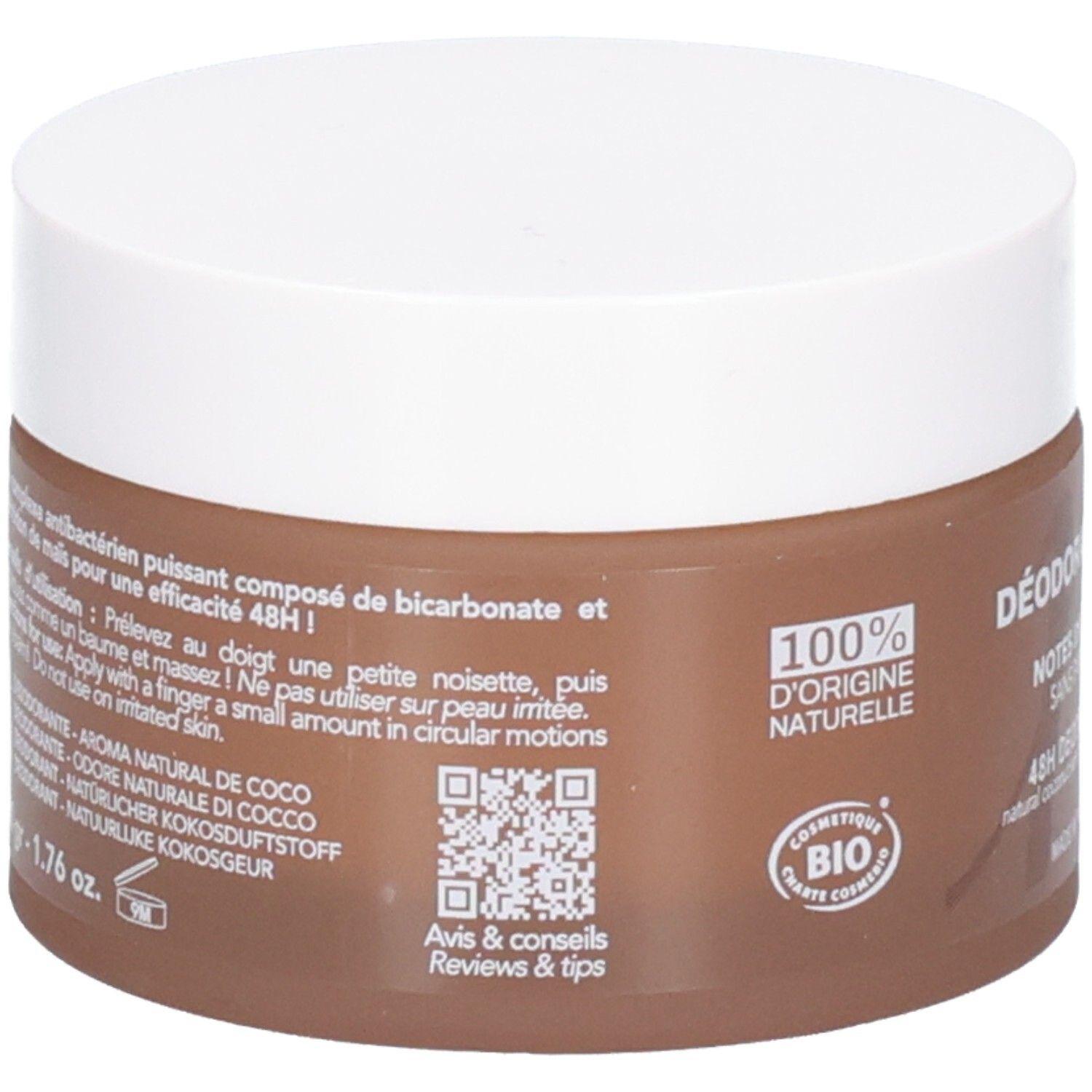 Endro Deodorant 48H Kokosnussduft, 50g. Rückseite mit Anwendungshinweisen und Bio-Siegel.