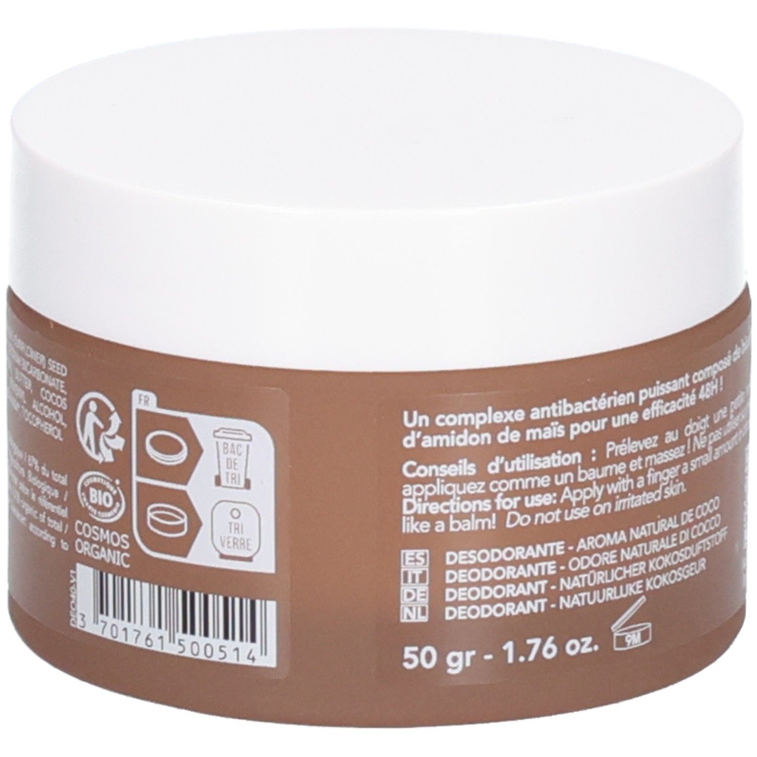 Endro Deodorant 48H Kokosnussduft, 50g. Rückseite mit Inhaltsstoffen, Barcode und Bio-Siegel.