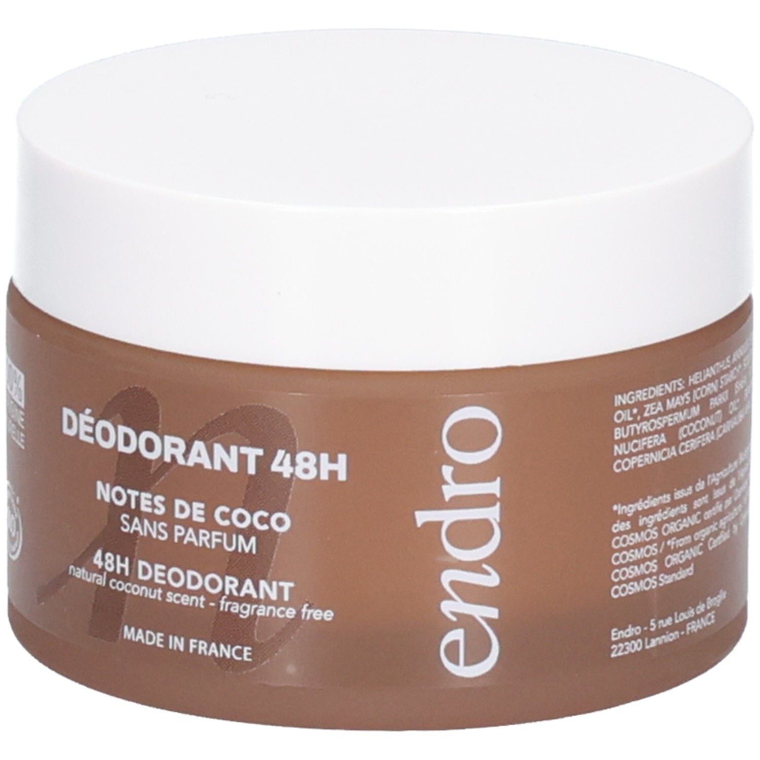 Endro Deodorant 48H Kokosnussduft, 50g. Vorderseite mit Produktinformationen und Bio-Siegel.