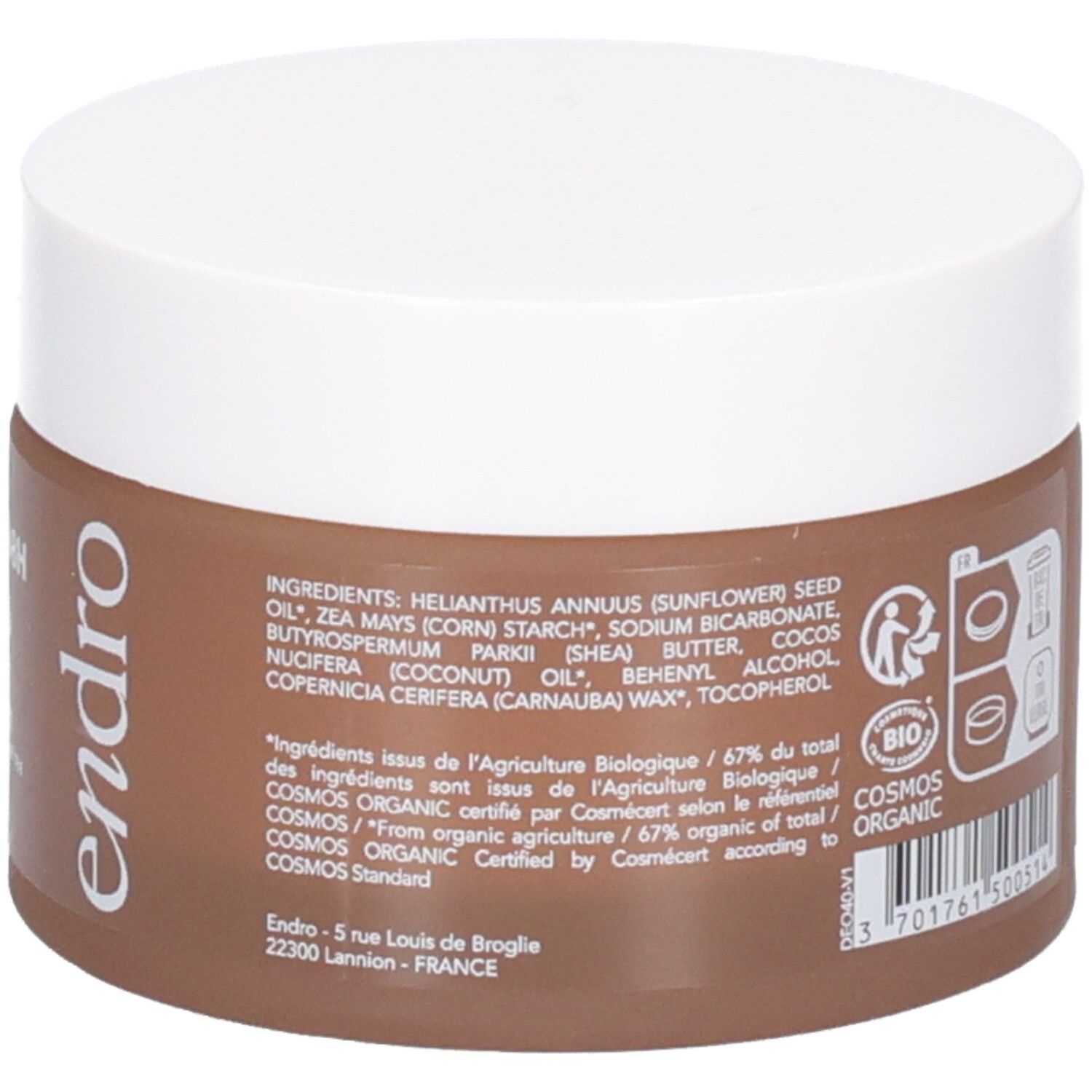 Endro Deodorant 48H Kokosnussduft, 50g. Seite mit Inhaltsstoffliste und Bio-Siegel.