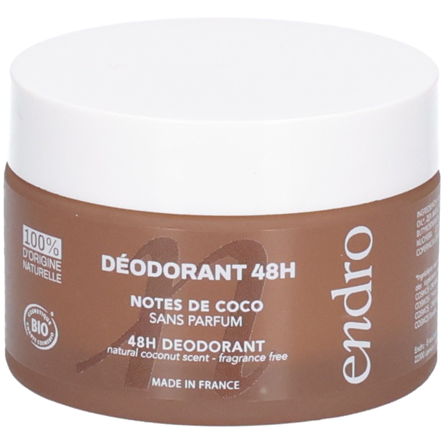 Endro Deodorant 48H Kokosnussduft, 50g. Vorderseite mit Produktinformationen und Bio-Siegel.