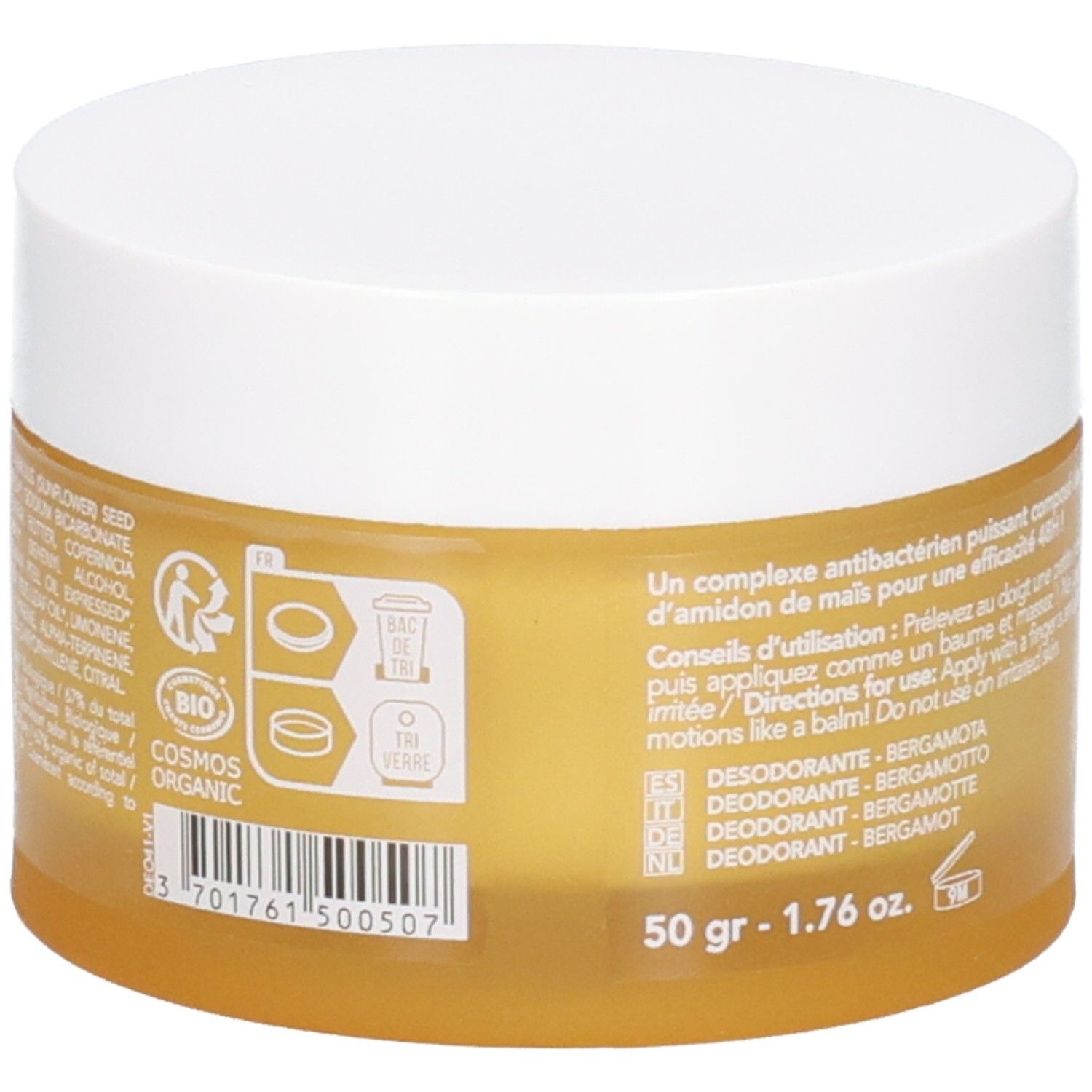 Seitenansicht des Endro Deodorant Baume 48H Bergamote Tiegels mit Barcode und Bio-Siegel.