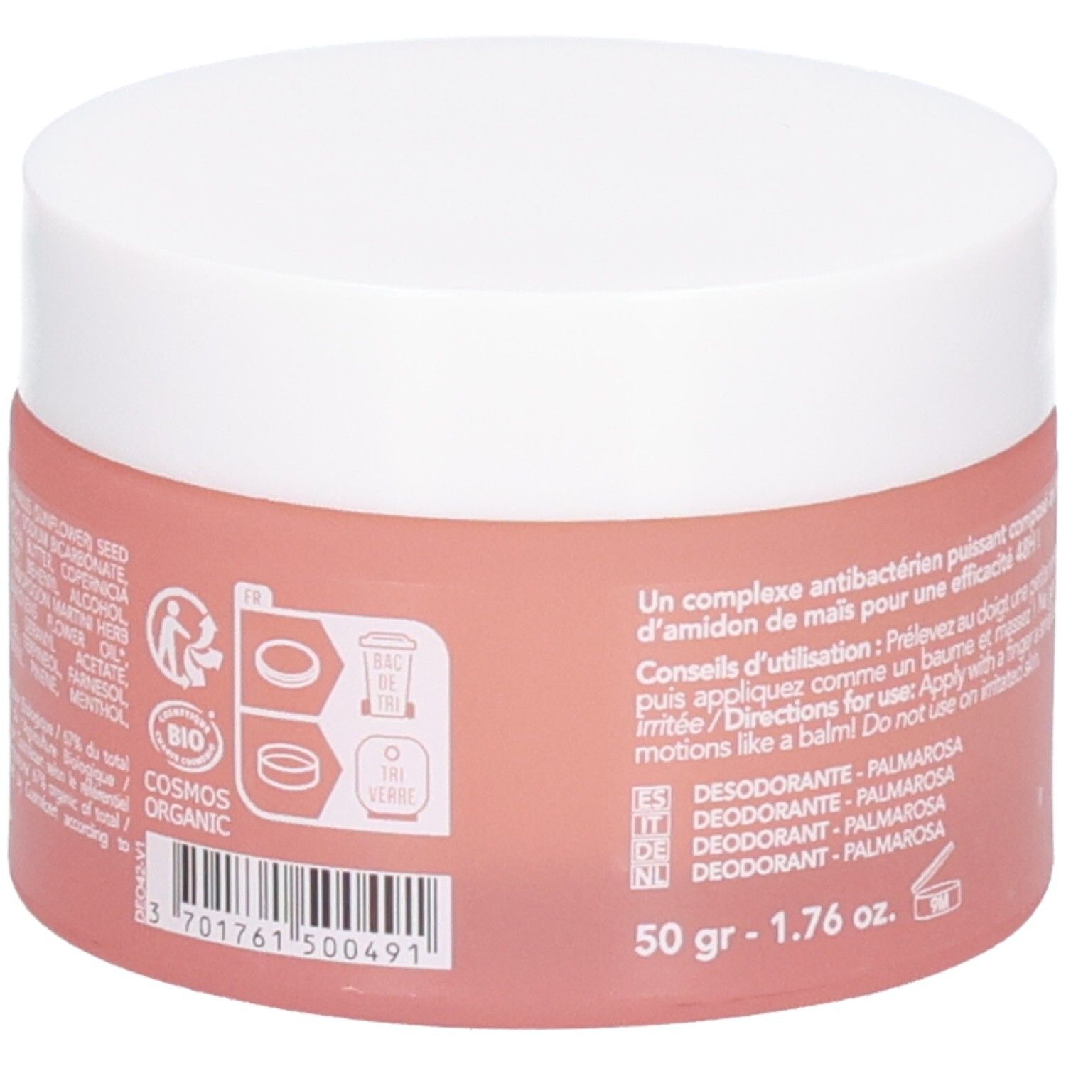 Rückseite der Endro Deodorant Dose mit Barcode, Bio-Siegel und Anwendungssymbolen. 50g.