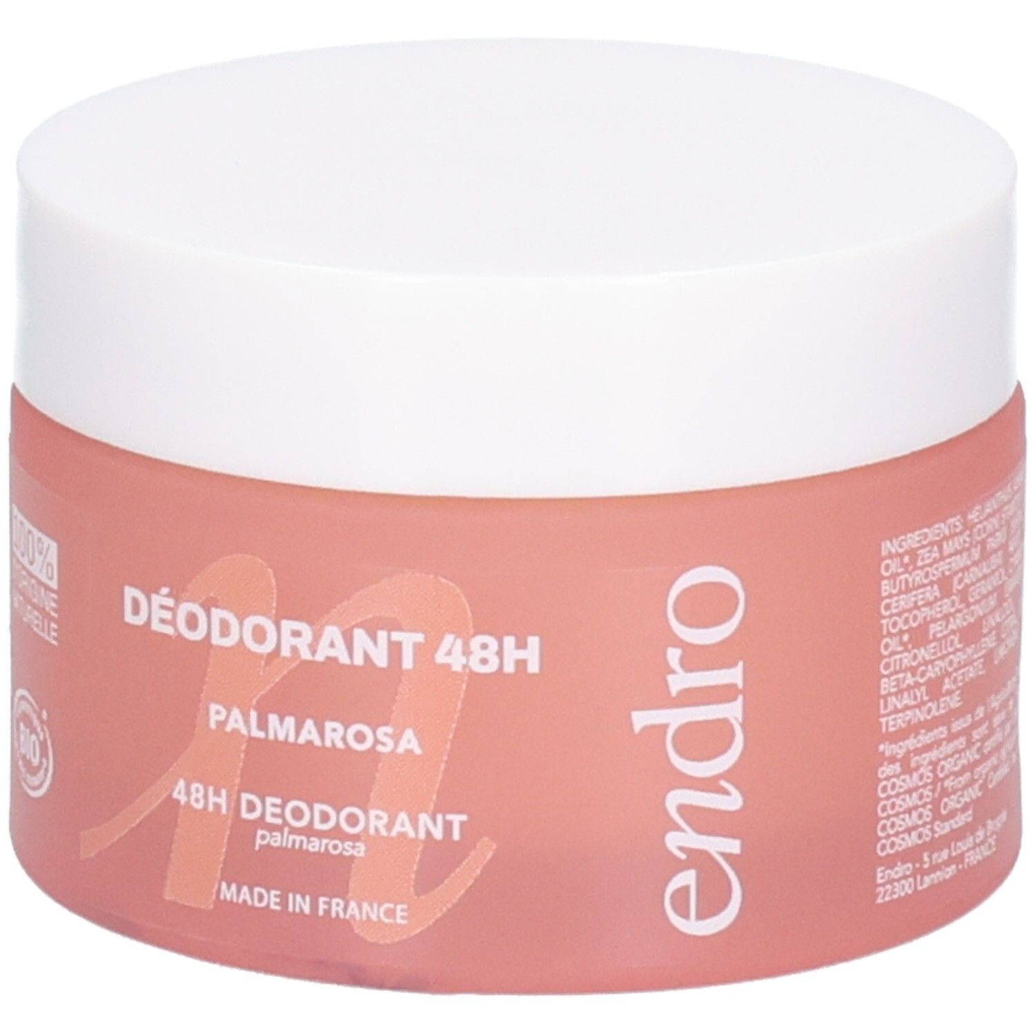 Endro Deodorant Baume 48H Palmarosa in rosa Dose. Mit Inhaltsstoffliste auf der rechten Seite.