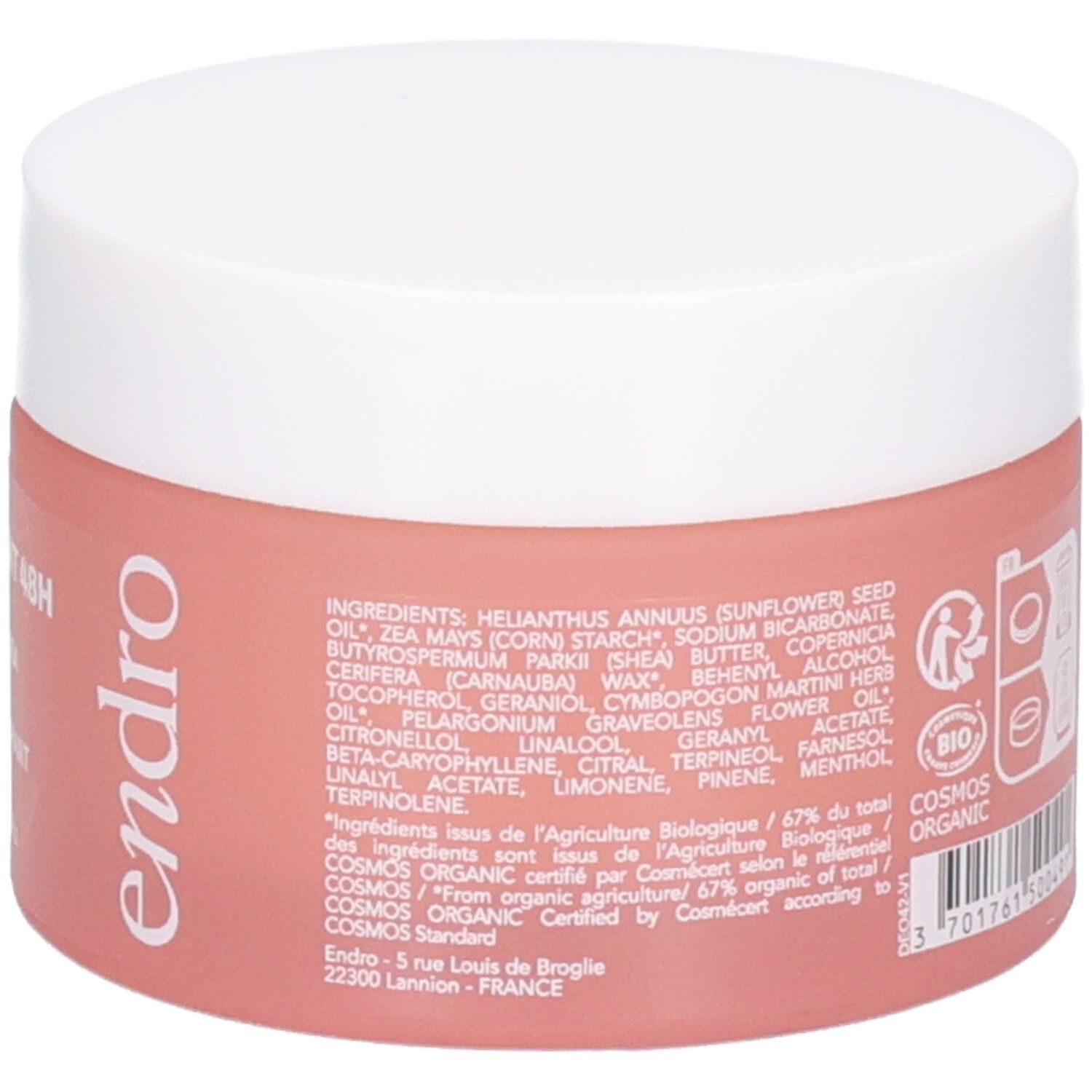 Endro Deodorant Dose mit detaillierter Inhaltsstoffliste auf der rechten Seite. Cosmos Organic.