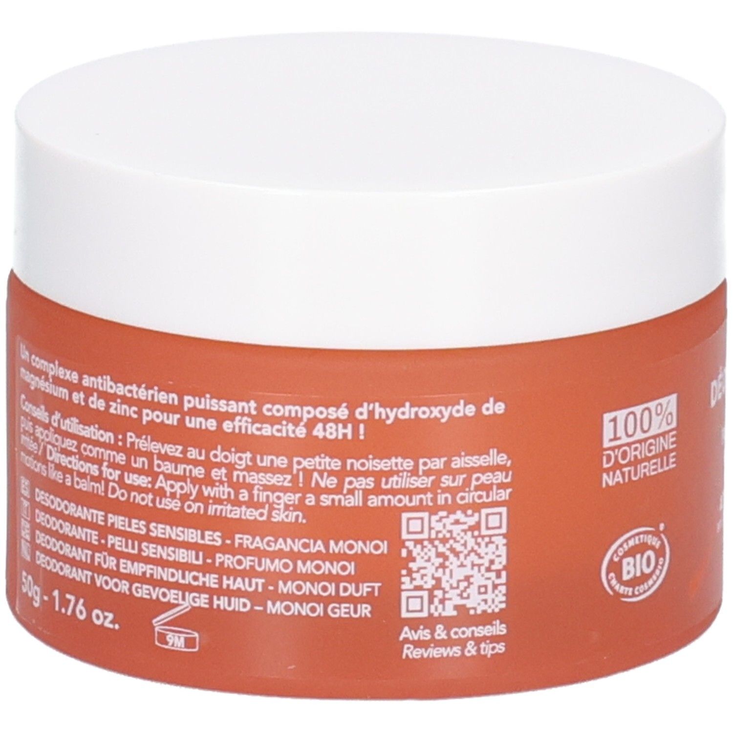 Rückseite des Endro Deodorant Balms 48H mit Inhaltsstoffen und Anwendungshinweisen.