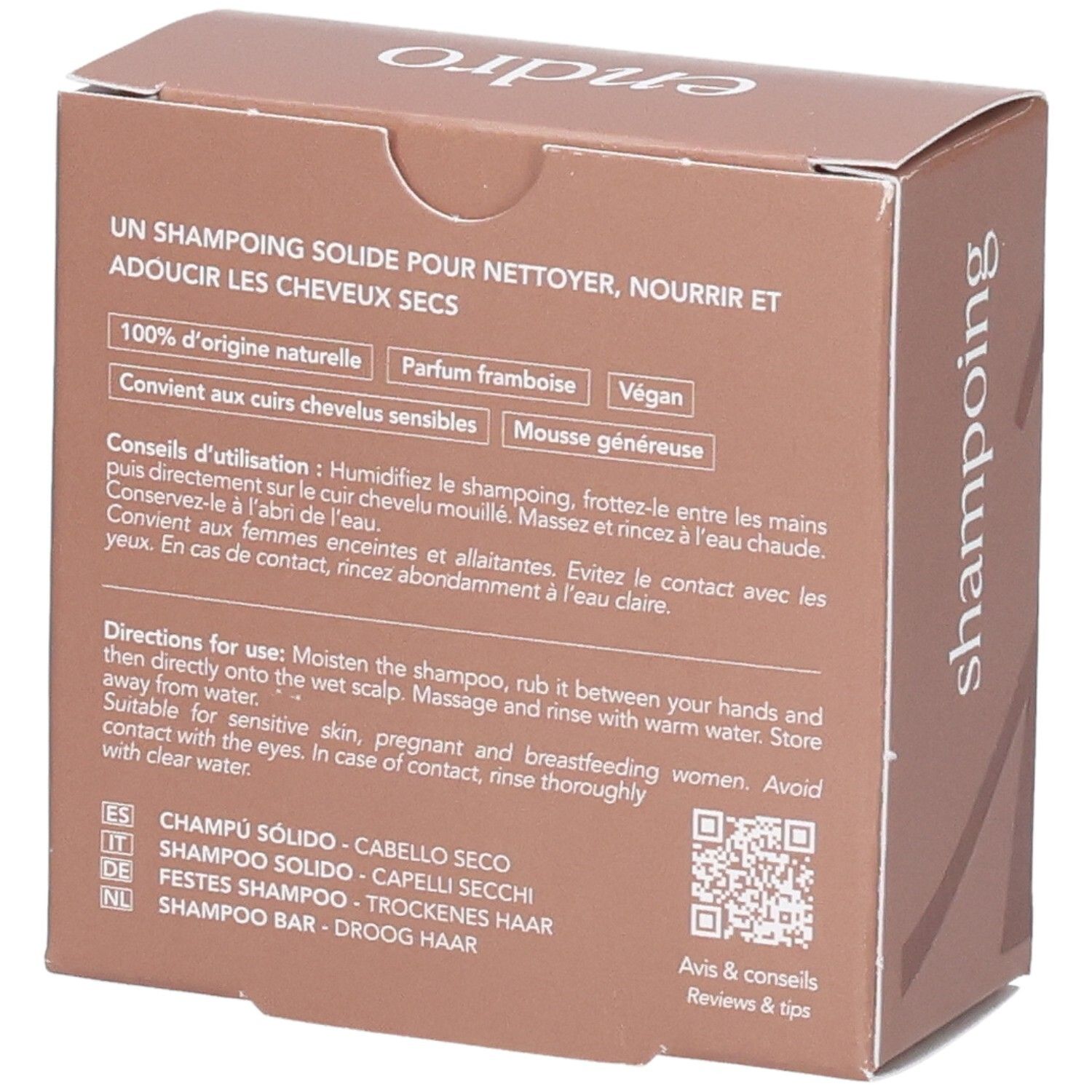 Endro Festes Shampoo Trockenes Haar Bio, Rückseite mit Anwendungshinweisen und Inhaltsstoffen.