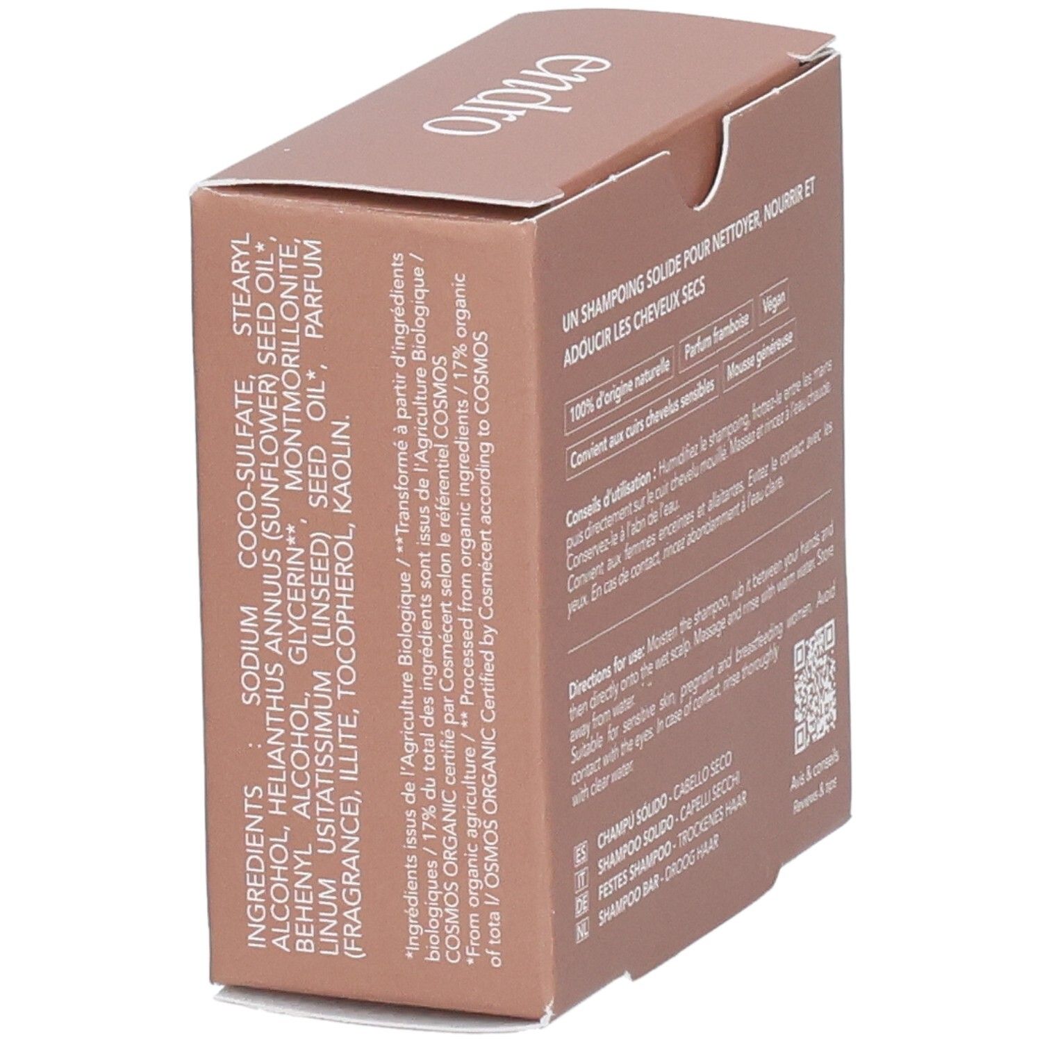 Endro Festes Shampoo Trockenes Haar Bio, Seitenansicht mit Inhaltsstoffliste.