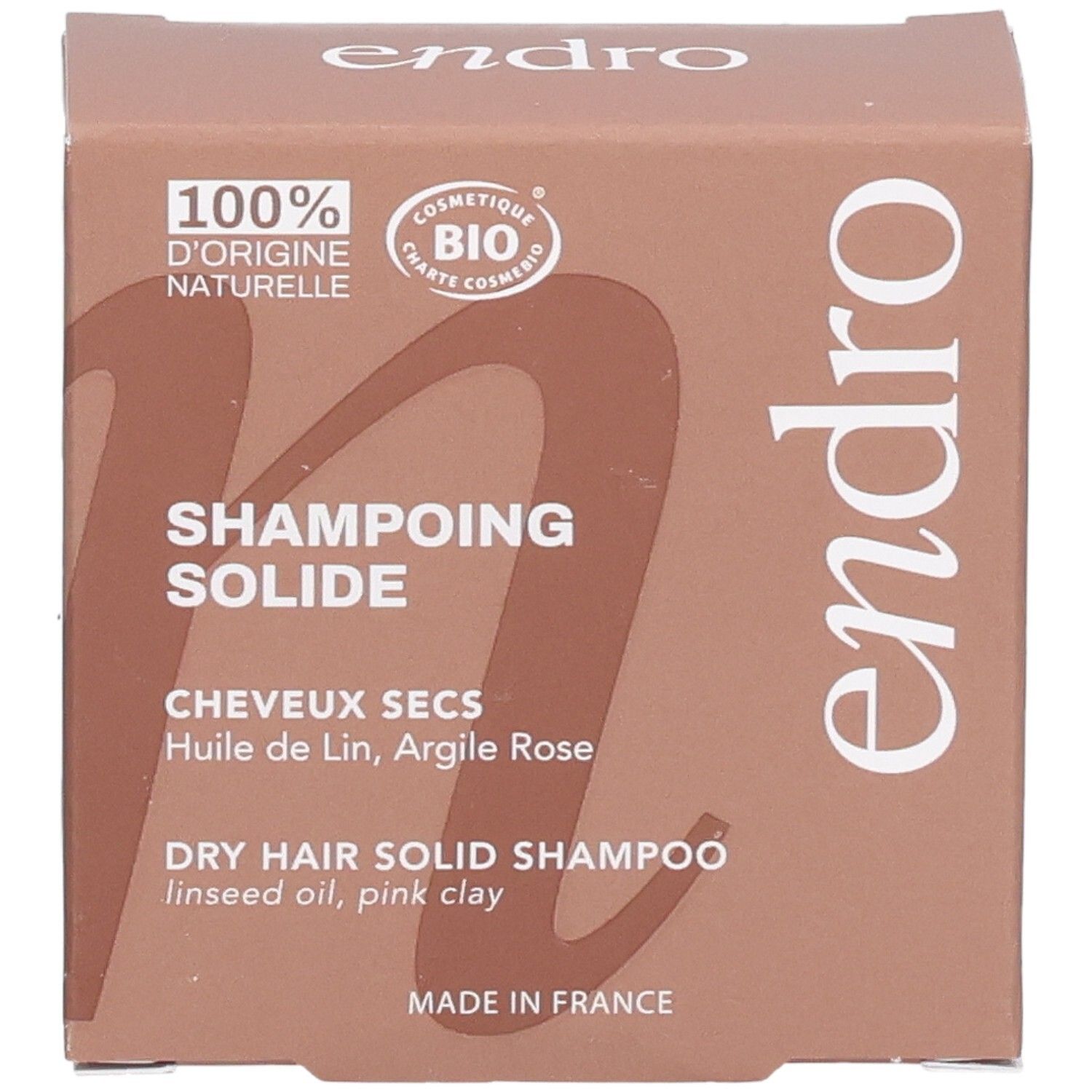 Endro Festes Shampoo Trockenes Haar Bio, Vorderseite mit Siegeln und Produktbezeichnung.