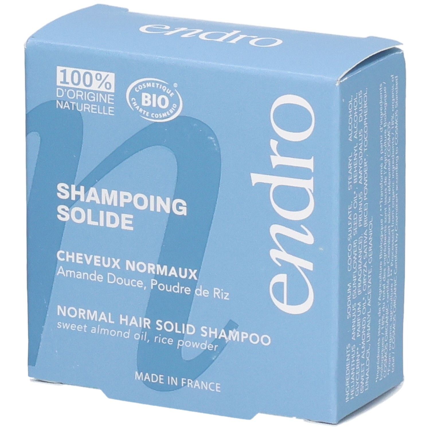 Endro fester Shampoo-Karton für normales Haar, mit Süßmandelöl und Reispuder.