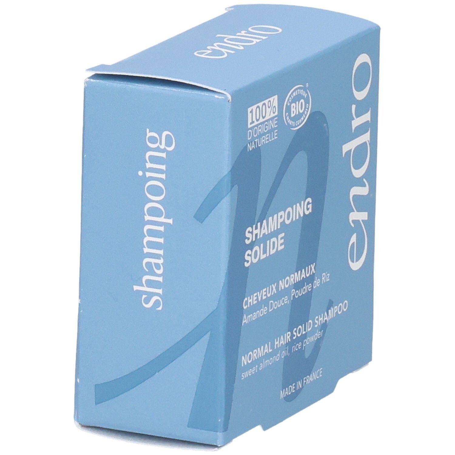 Endro fester Shampoo-Karton für normales Haar, mit Süßmandelöl und Reispuder.