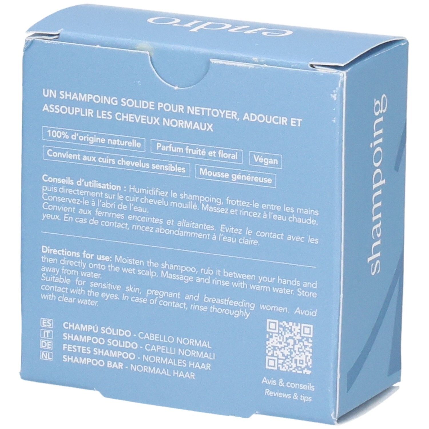 Rückseite der Endro festen Shampoo-Verpackung mit Anwendungshinweisen und Inhaltsstoffen.