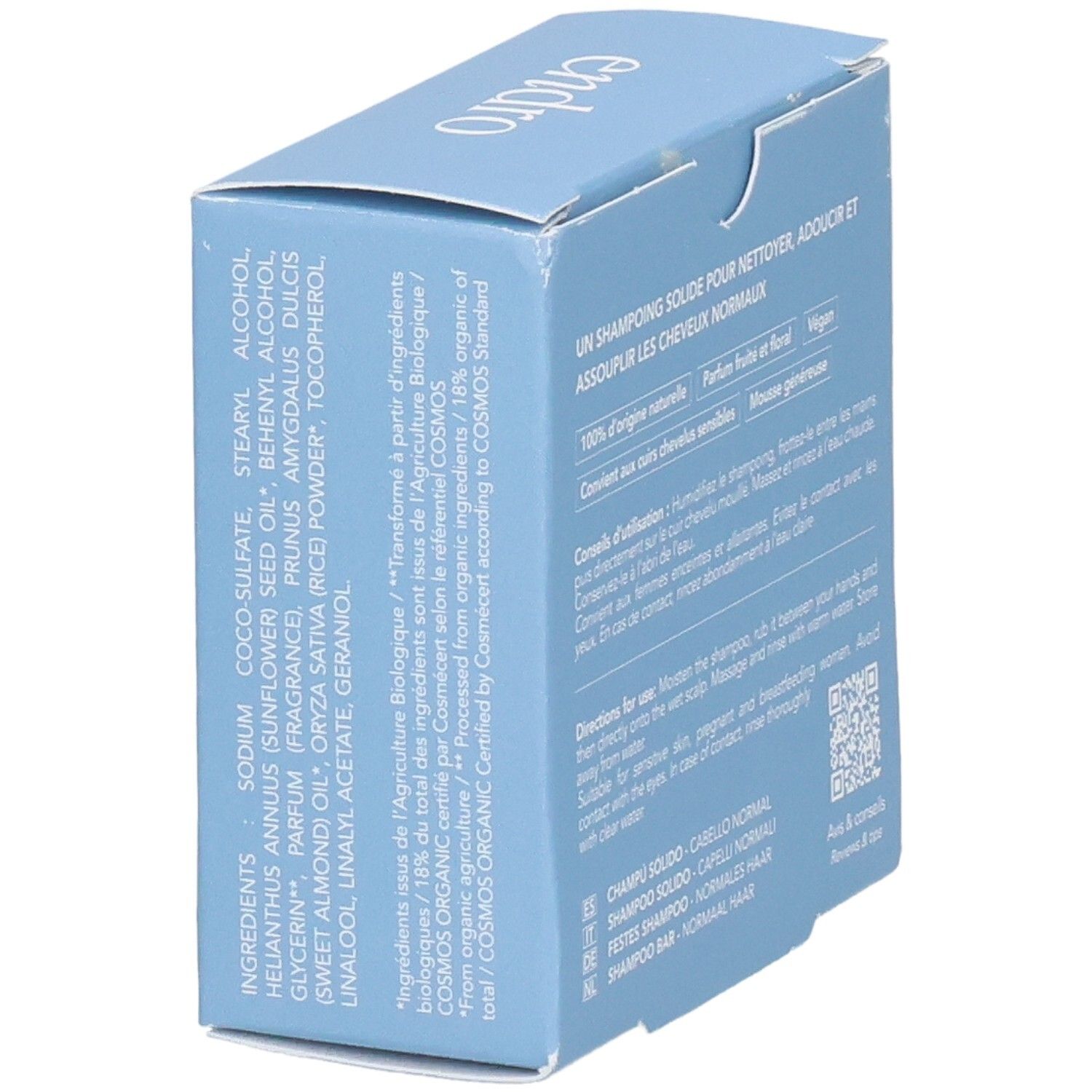 Seitenansicht der Endro festen Shampoo-Verpackung mit Inhaltsstoffliste.