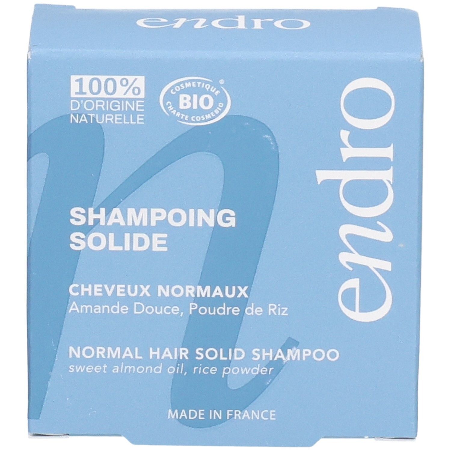 Endro fester Shampoo-Karton für normales Haar, mit Süßmandelöl und Reispuder.
