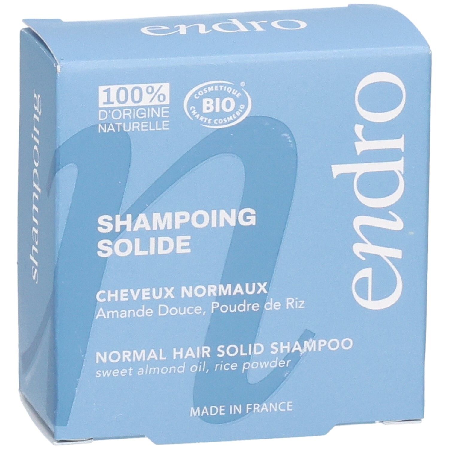 Endro fester Shampoo-Karton für normales Haar, mit Süßmandelöl und Reispuder.