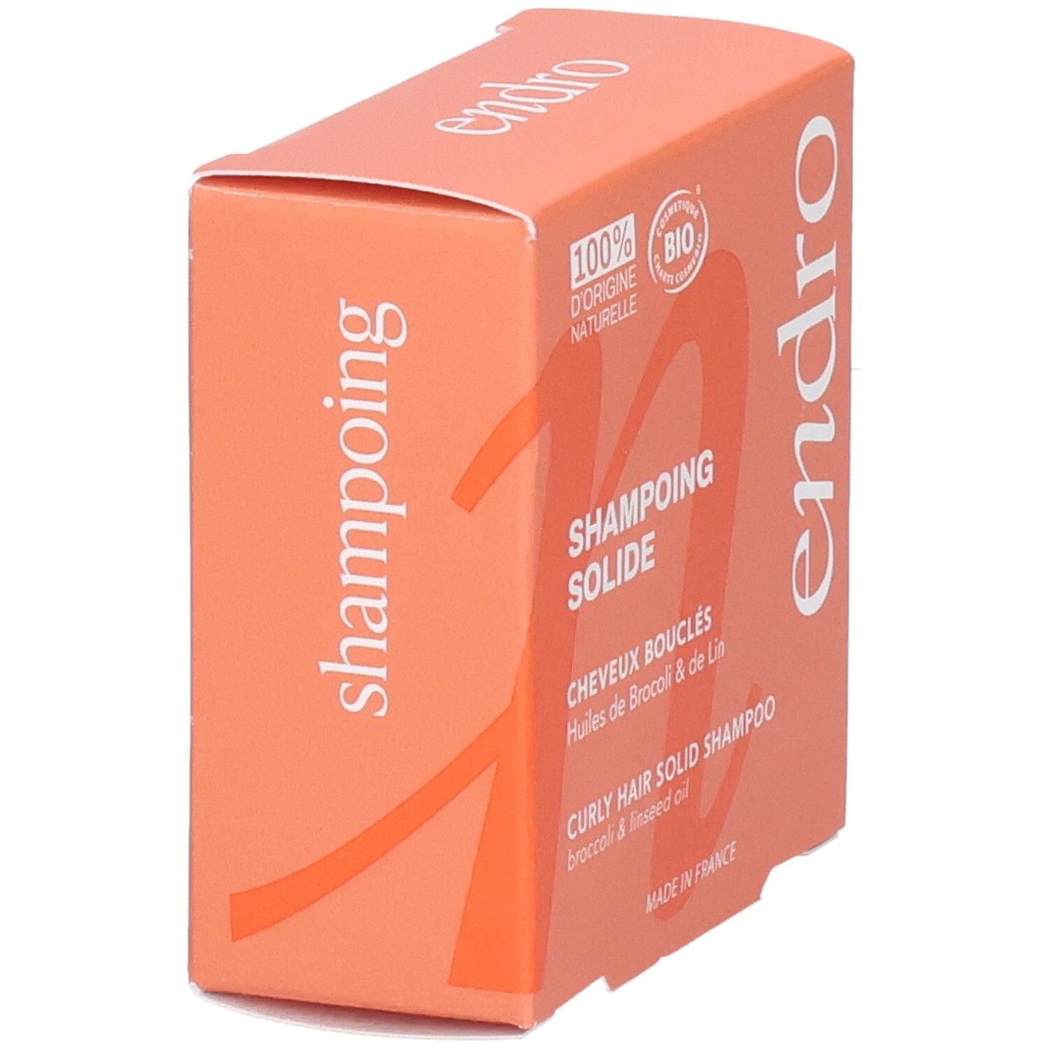 Endro fester Locken-Shampoo-Riegel, Seitenansicht. 100% natürliche Herkunft, Bio-zertifiziert.