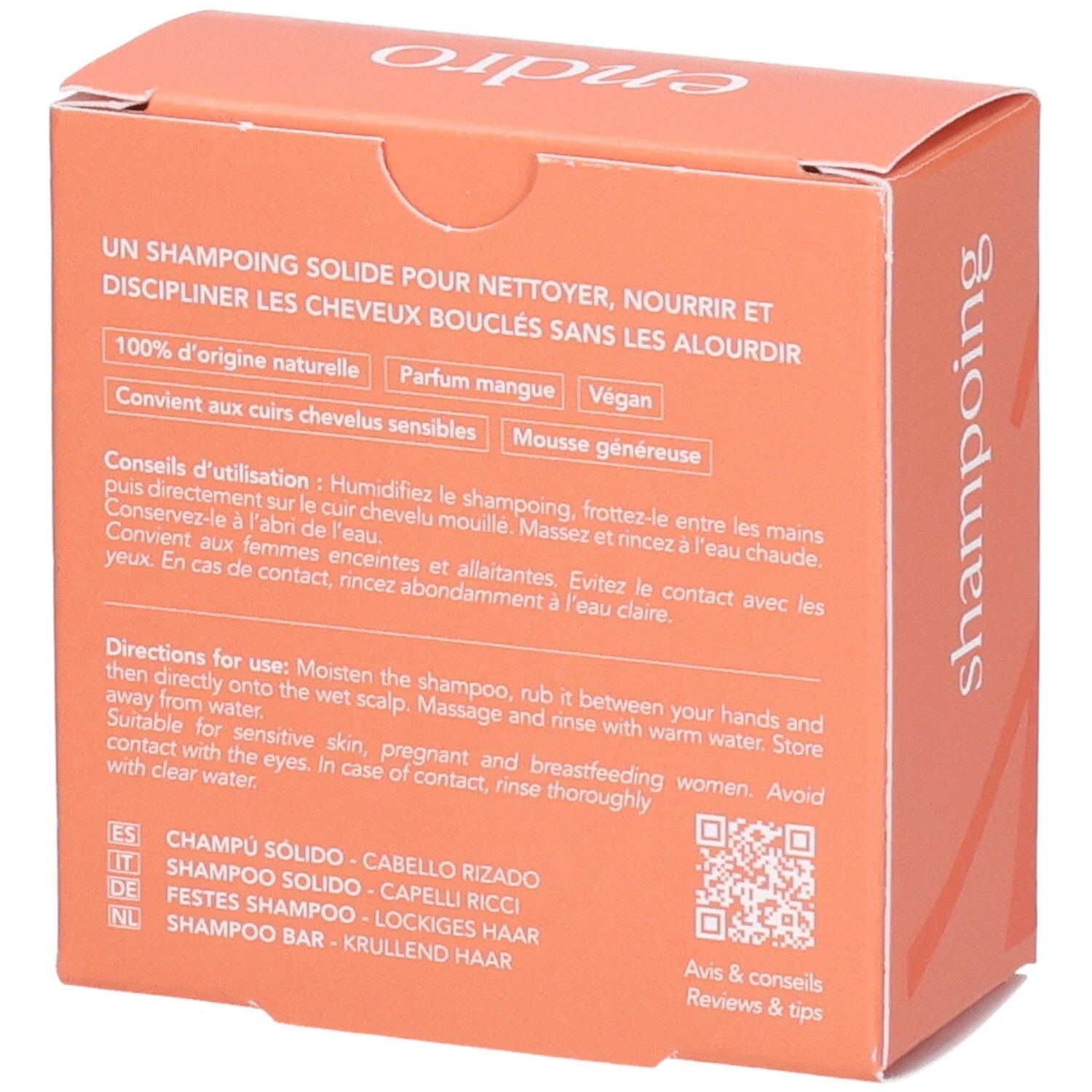 Endro fester Locken-Shampoo-Riegel, Rückseite mit Anwendungshinweisen und Inhaltsstoffen. Bio-zertifiziert.