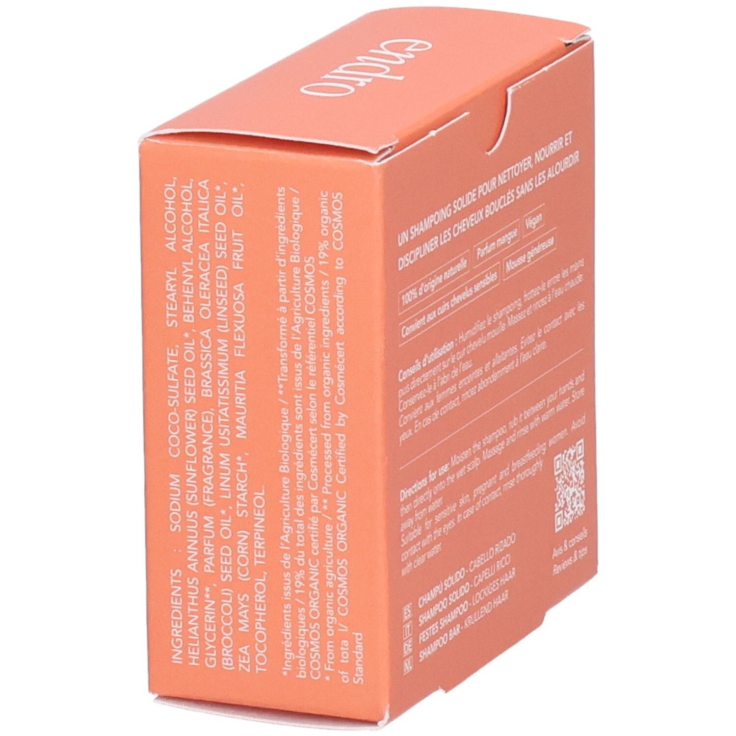 Endro fester Locken-Shampoo-Riegel, Seitenansicht mit Inhaltsstoffliste. 100% natürliche Herkunft, Bio.