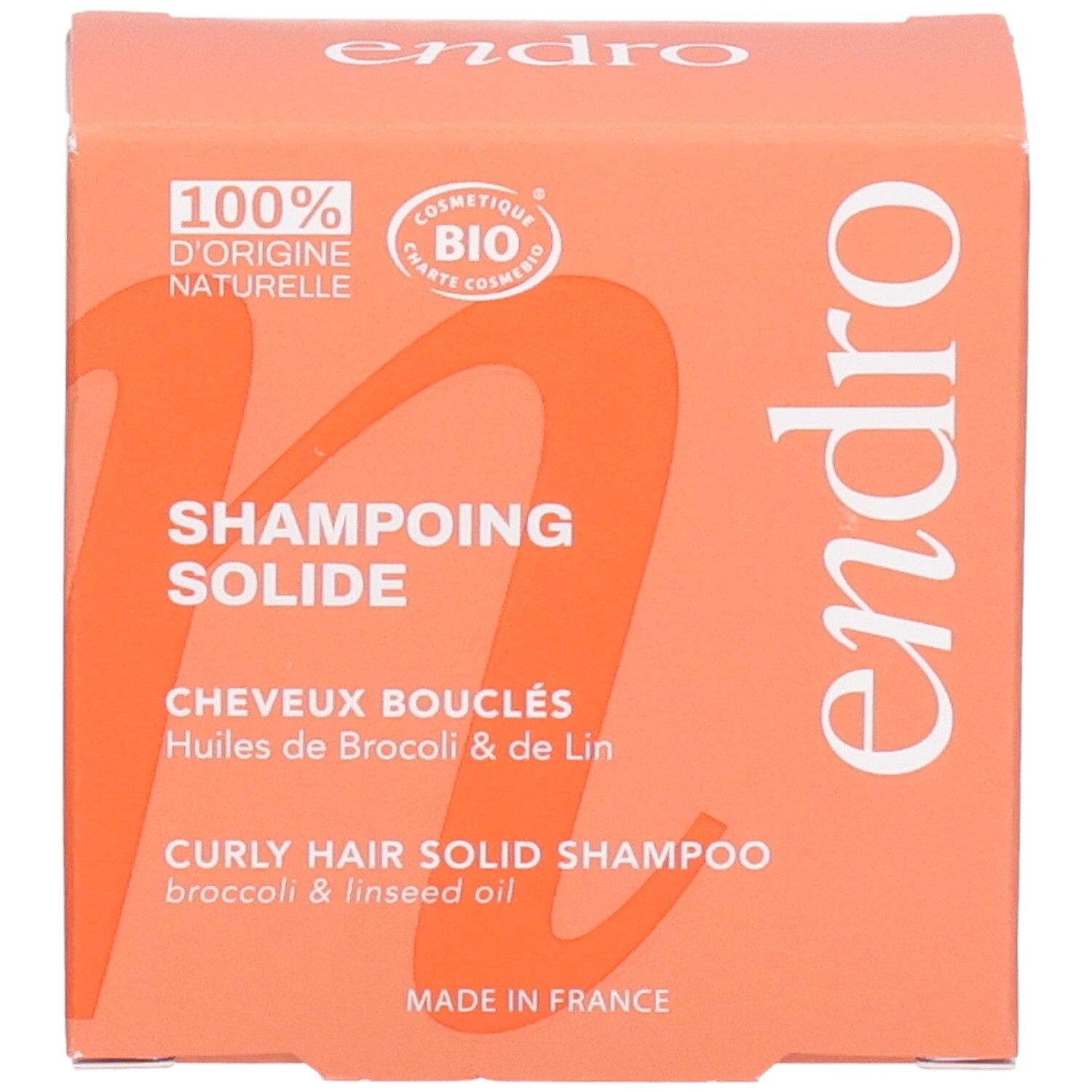 Endro fester Locken-Shampoo-Riegel, Vorderseite mit Produktbezeichnung und Bio-Siegel. Hergestellt in Frankreich.