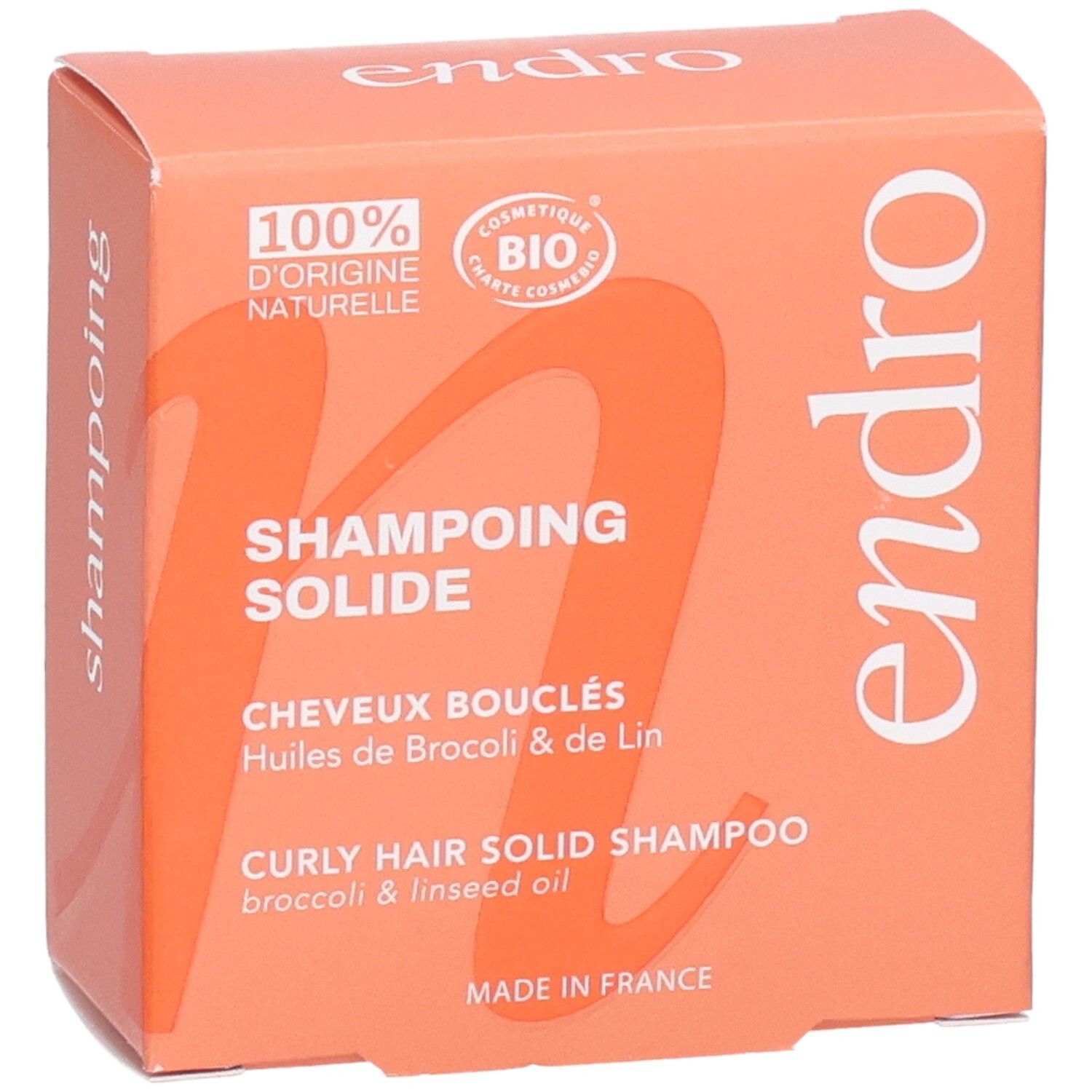 Endro fester Locken-Shampoo-Riegel, Vorderseite mit Produktbezeichnung und Bio-Siegel. Hergestellt in Frankreich.