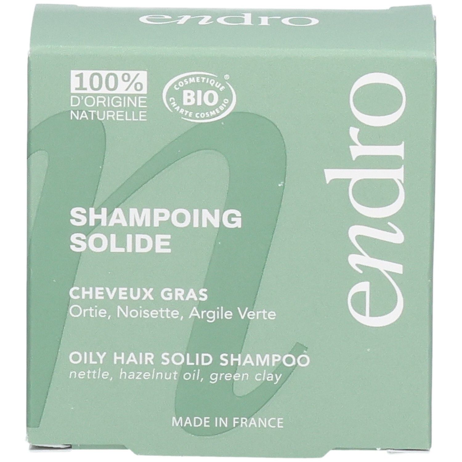 Endro festes Shampoo für fettiges Haar, Vorderseite mit Bio-Siegel und Zertifizierung.