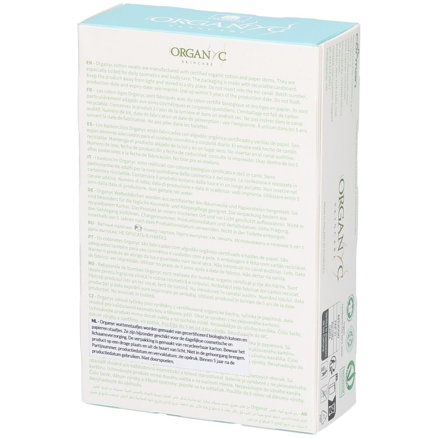 Verpackung von Organ/C Skincare mit mehrsprachigen Produktinformationen und Siegeln.