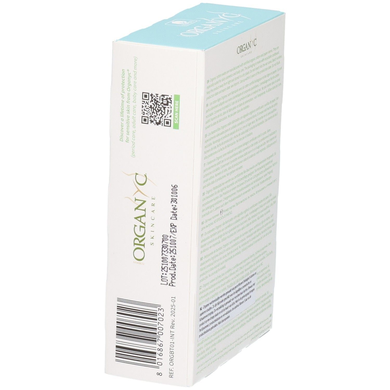 Verpackung von OrganYC Skincare, Produkt Organ C. Enthält Barcode und Chargennummer.