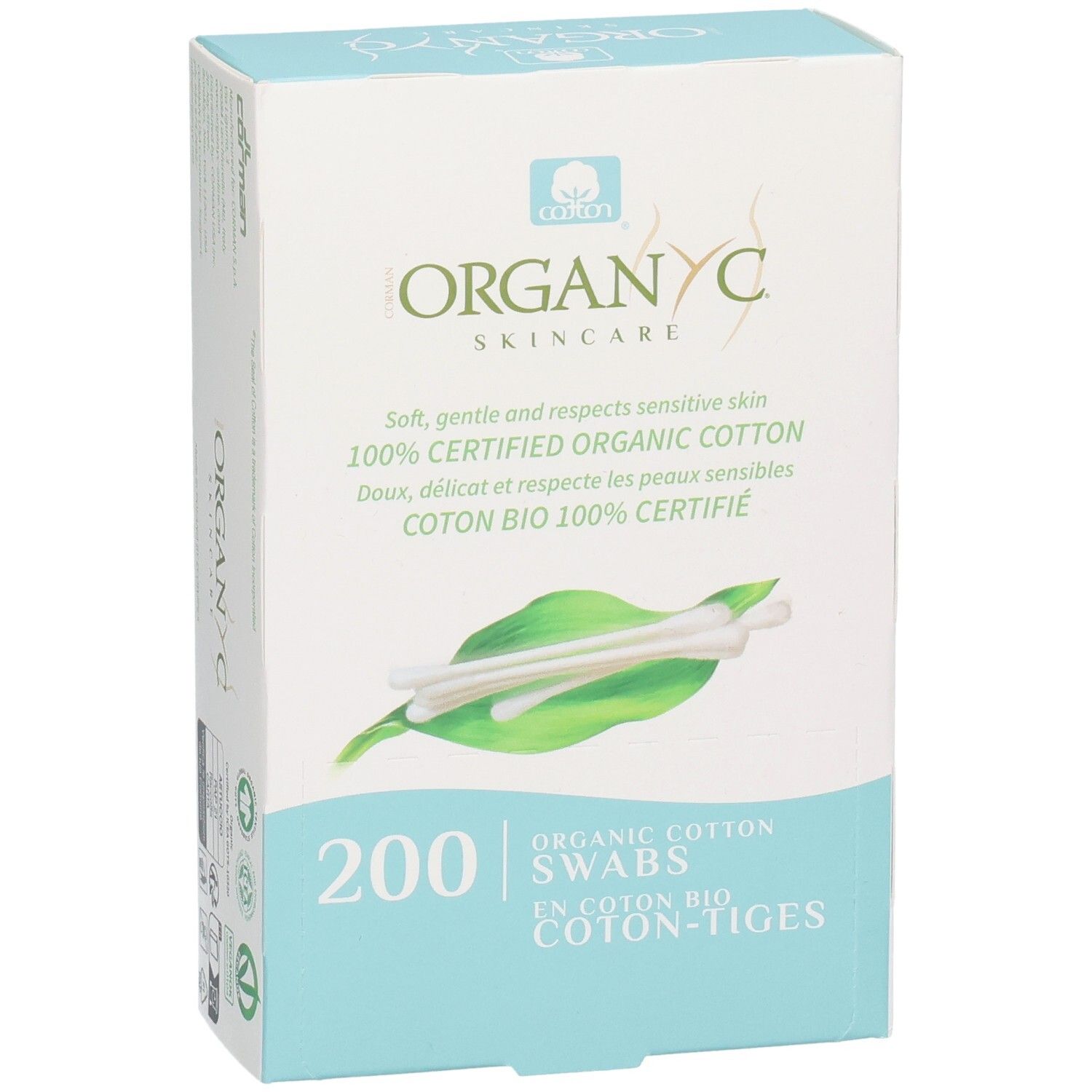 Packung mit 200 Bio-Baumwollstäbchen von OrganYc Skincare.