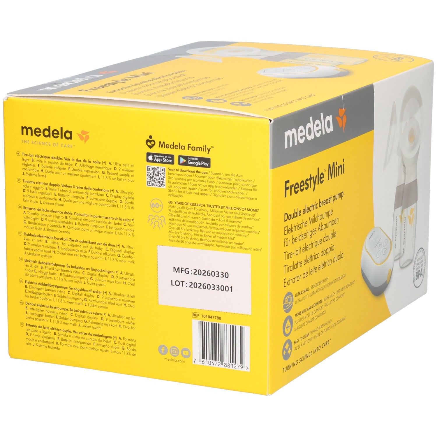 Verpackung einer Medela Freestyle Mini Doppelmilchpumpe mit Produktinformationen und Chargennummer.