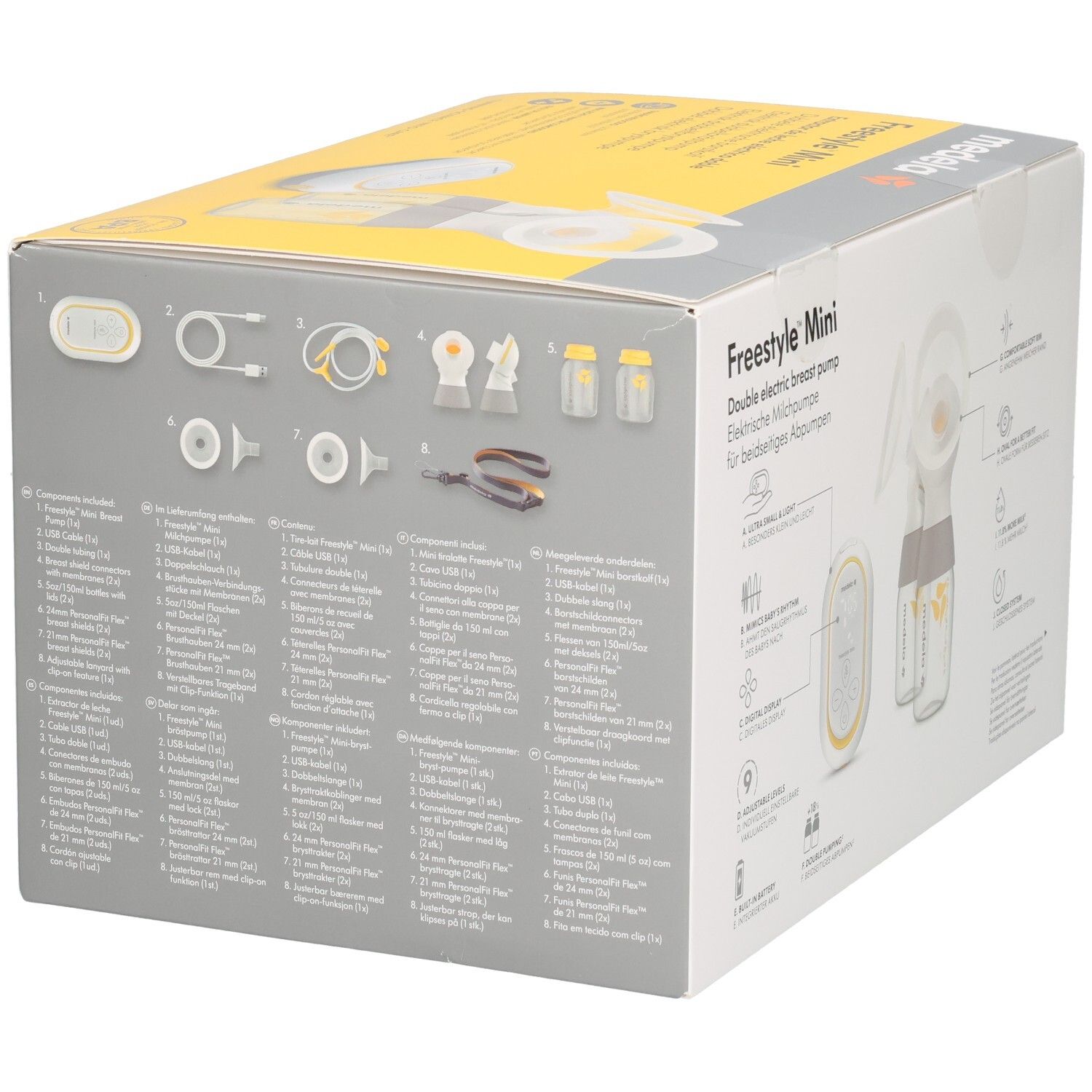 Verpackung einer Freestye Mini Doppel-Milchpumpe. Enthält zwei Pumpen, Schläuche, Becher und Zubehör.