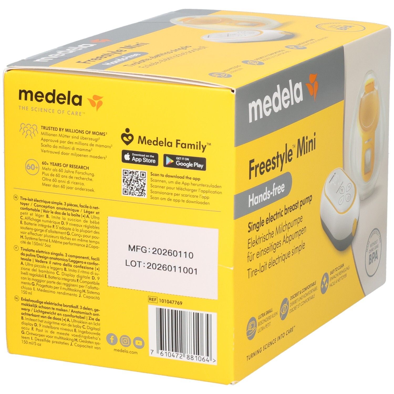 Medela Freestyle Mini Einzelmilchpumpe, hands-free, in gelber Verpackung.