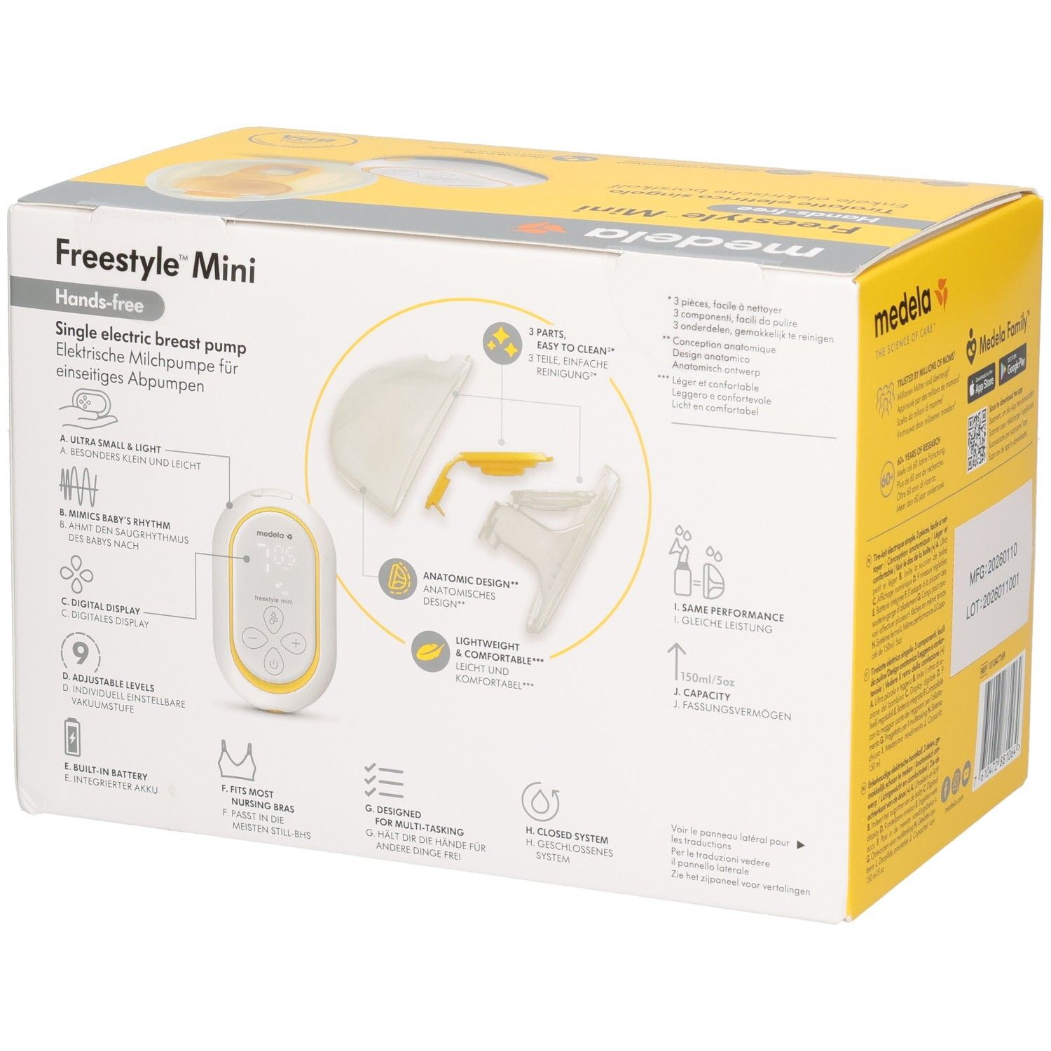 Medela Freestyle Mini elektrische Milchpumpe, freihändig, mit digitaler Anzeige und wiederaufladbarem Akku.