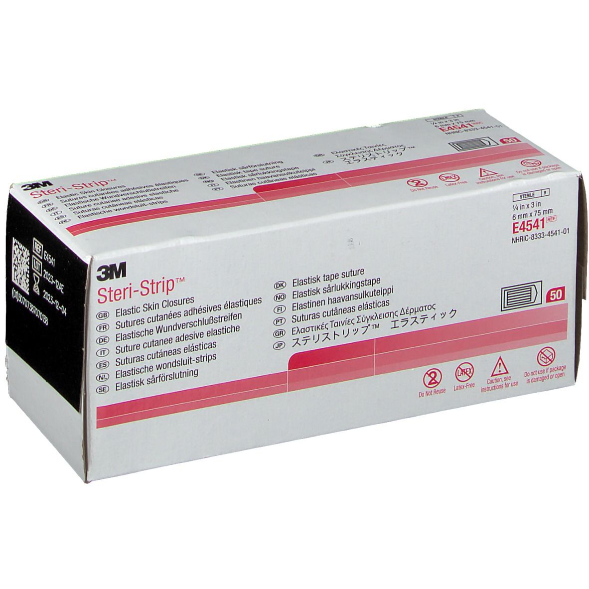 Boîte 3M Steri-Strip. Contient des sutures cutanées adhésives élastiques. Dimensions : 6 mm x 75 mm. 50 unités. Informations produit.